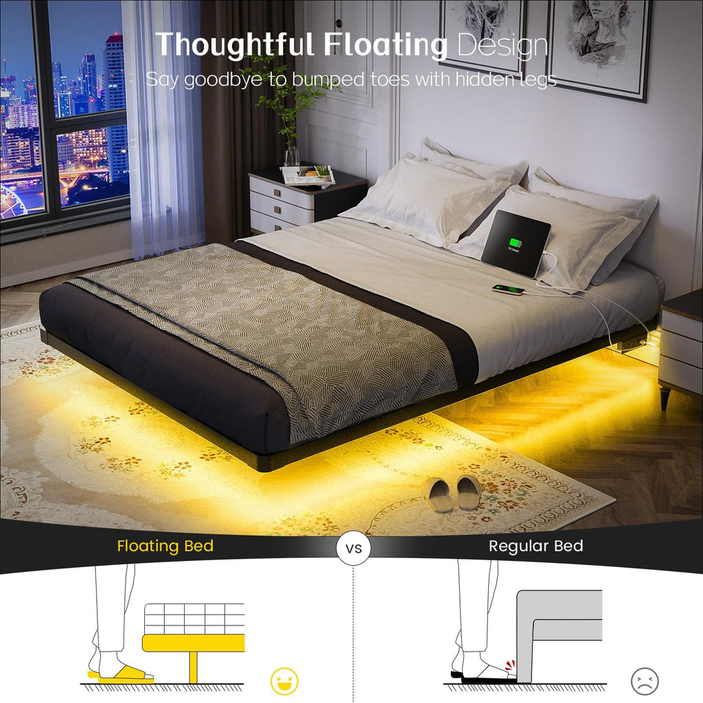 OLEVS Floating Bed Frame Queen Size with Smart LED Lights Modern Metal Platform Bed