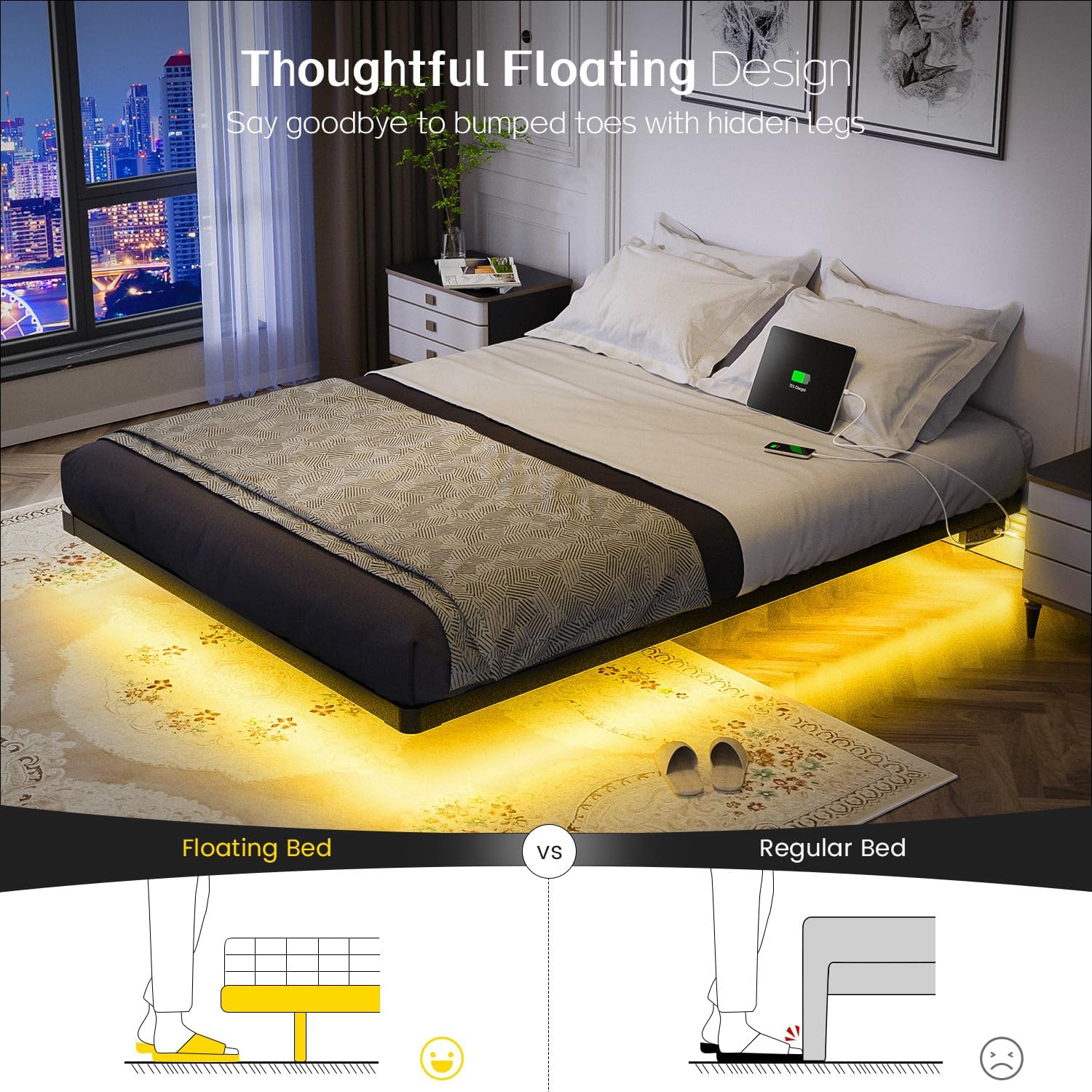 OLEVS Floating Bed Frame Queen Size with Smart LED Lights Modern Metal Platform Bed