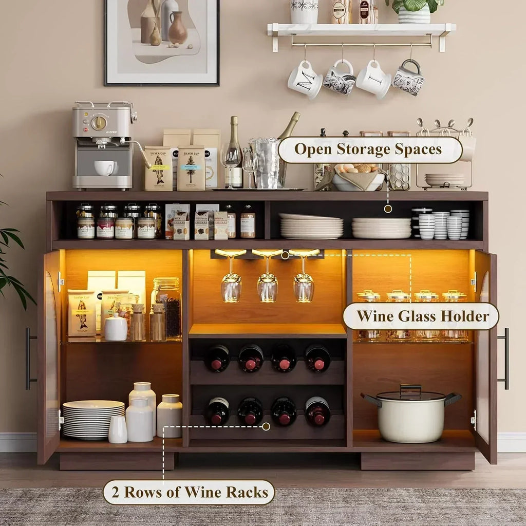 Sideboard 54-inch kitchen cabinet with LED lights and arched glass doors tall bar cabinet