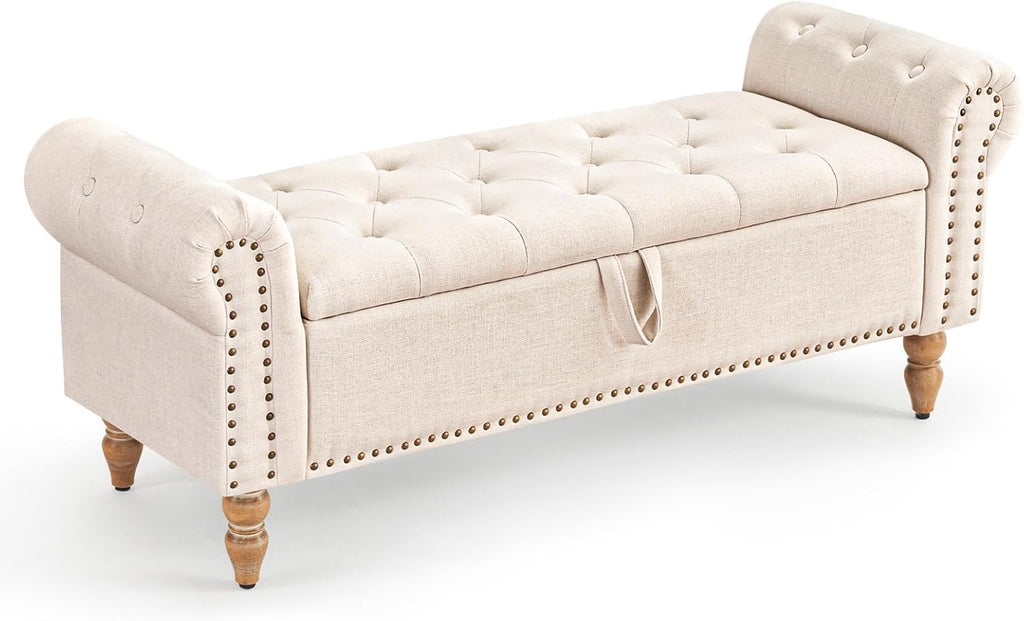 Furniliving Modern Storage Ottoman Bench, Sherpa Ottoman End of Bed Bench with Solid Wood Legs Upholstered Ottoman Benches with Storage Indoor Bench