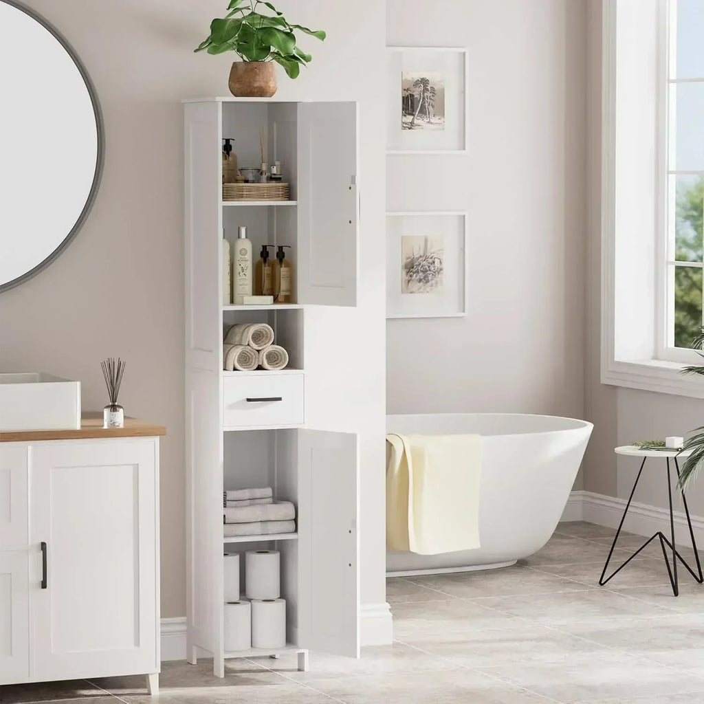 Homhedy 67 H Tall Bathroom Storage Cabinet with 2 Barn Doors and 1 Drawer Narrow Storage Unit