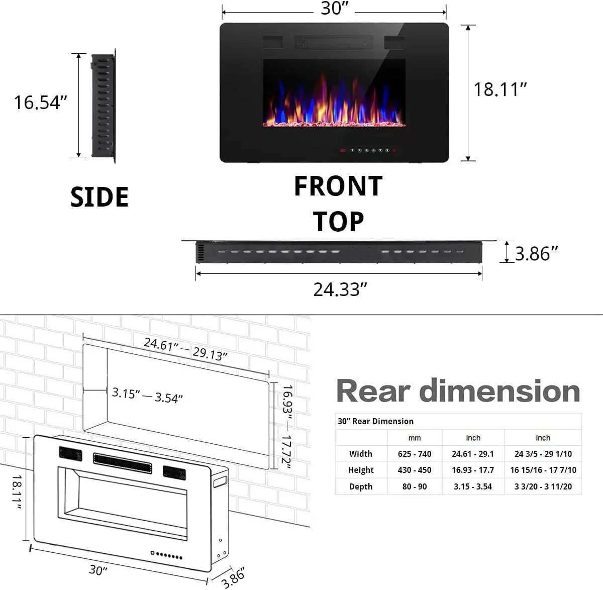R.W.FLAME 60 Recessed and Wall Mounted Electric Fireplace Low Noise Fit for 2 x 6 Stud