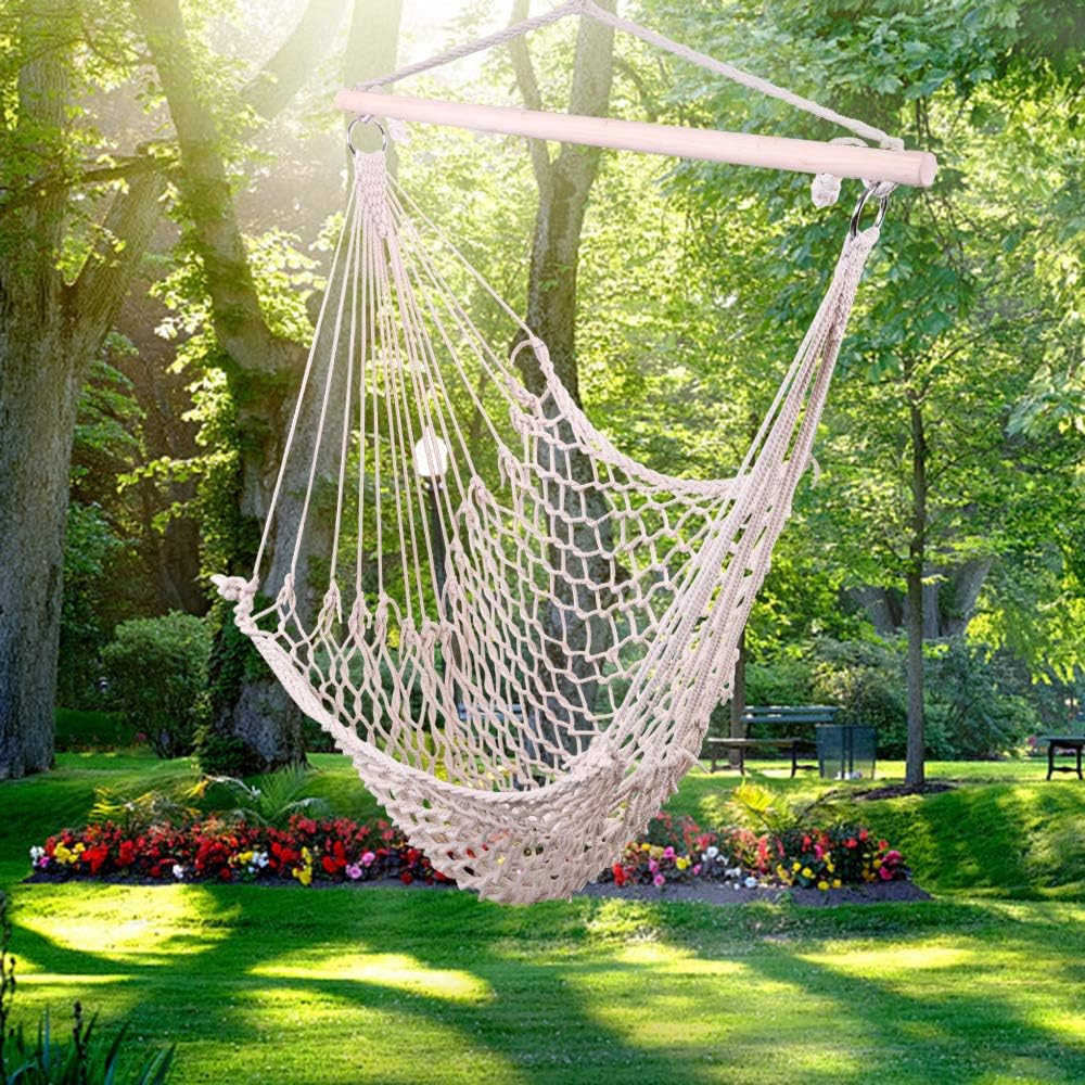 ONCLOUD Hammock Chair Hanging Rope Swing, Load Capacity Up to 550 LBS Macrame Hammock Swing Seat with Two Cushions, Hammock Seats with Portable Steel Spreader Bar for Indoor/Outdoor, Black