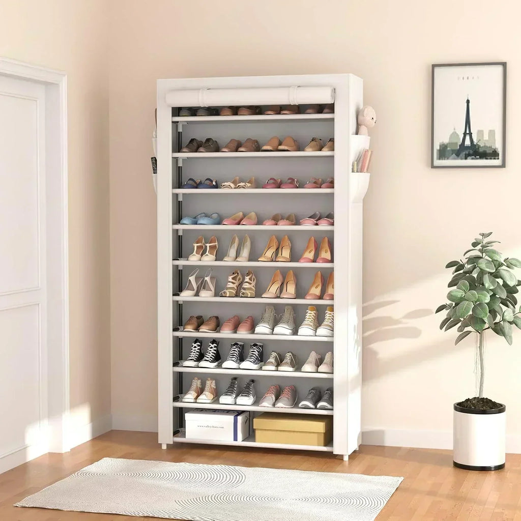 ROJASOP 10 Tier Shoe Rack with Covers Large Capacity Stackable Tall Shoe Shelf Storage