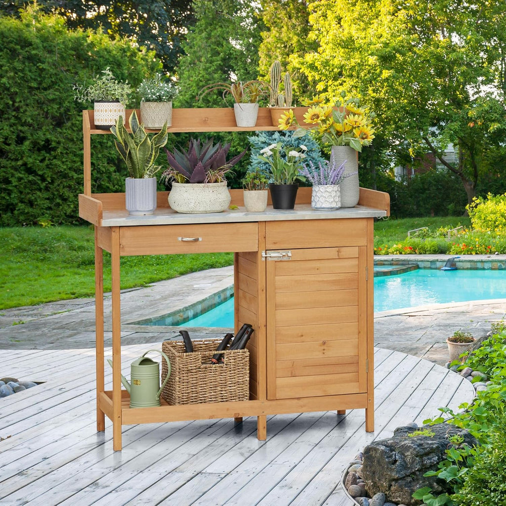 Yaheetech Outdoor Garden Potting Bench Table Work Bench Metal Tabletop Cabinet Drawer