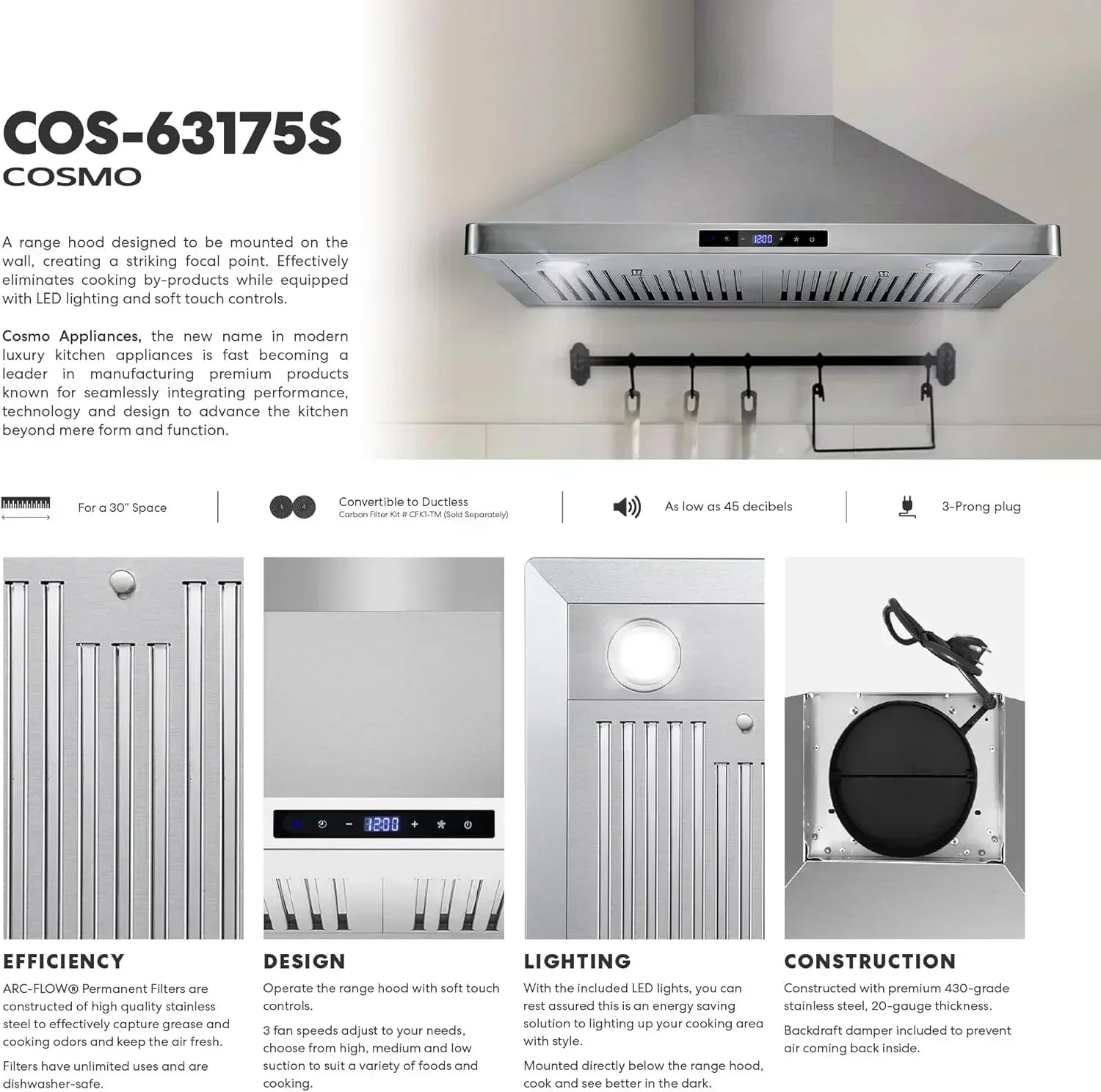COSMO 30 Vista Series 380 CFM Ducted Wall-Mount Range Hood