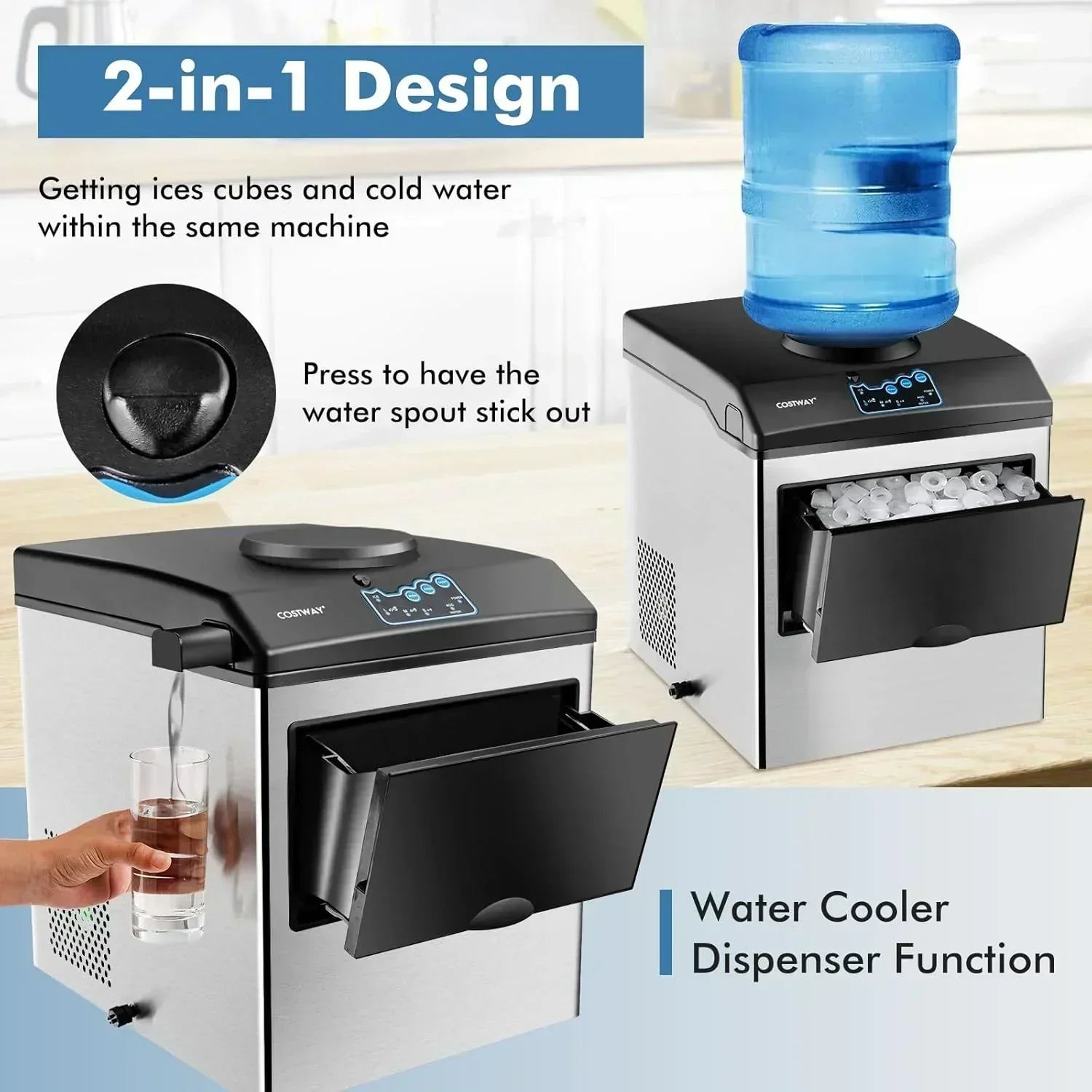 COSTWAY Countertop Ice Maker with Water Dispenser 3 Sizes Bullet Shaped Ice 48lbs/Day