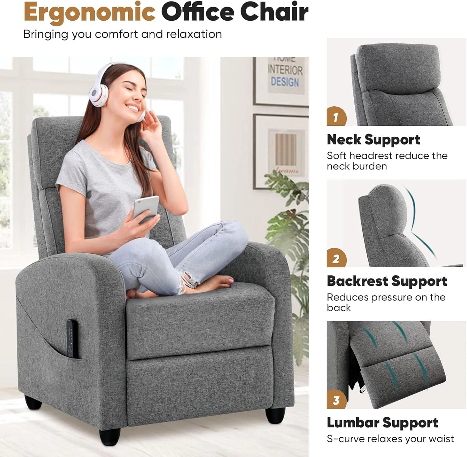 DUMOS Recliner Chair for Adults, Massage Reclining Chair for Living Room, Adjustable Home Theater Seating Single Sofa with Padded Seat Backrest and Footrest, Linen, Grey