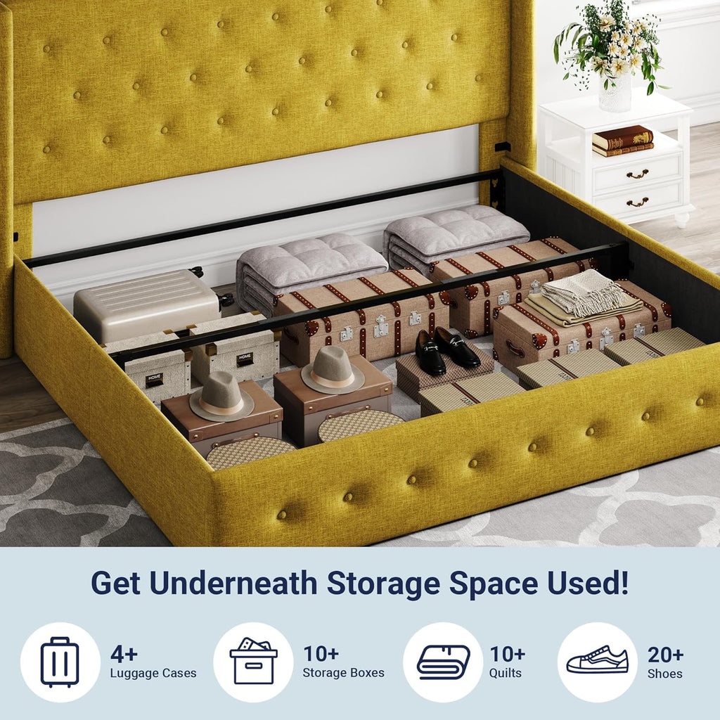 Allewie Queen Size Lift Up Storage Bed Modern Wingback Headboard Hydraulic Support