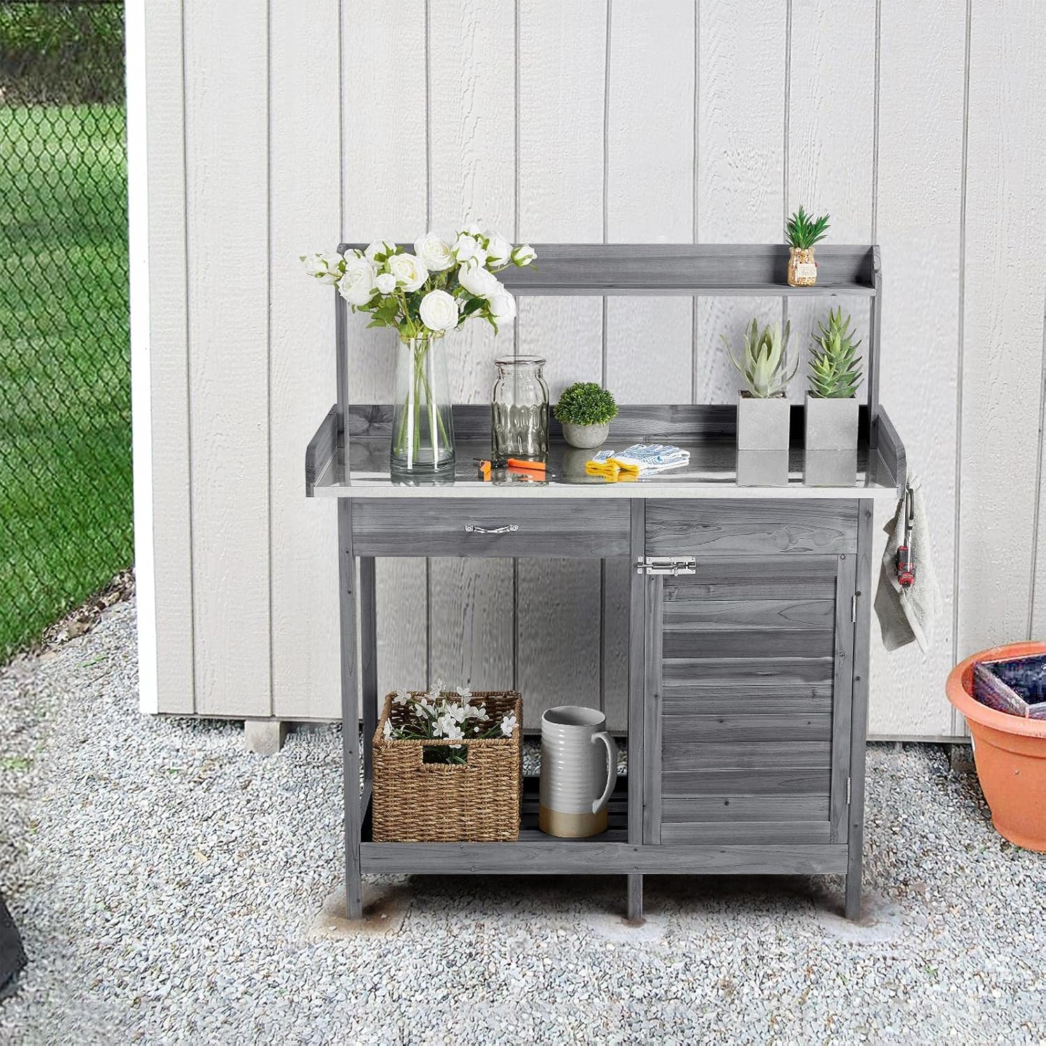 Yaheetech Outdoor Garden Potting Bench Table Work Bench Metal Tabletop Cabinet Drawer