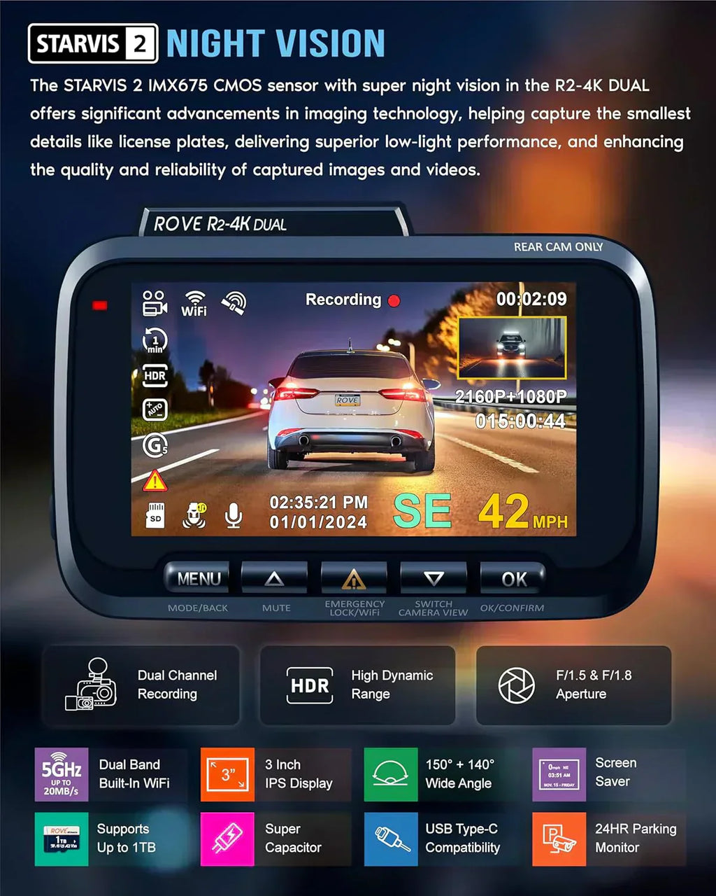 Driving recorder dual instrument cam front and rear Starvis 2 sensor free 128GB card 5G WiFi