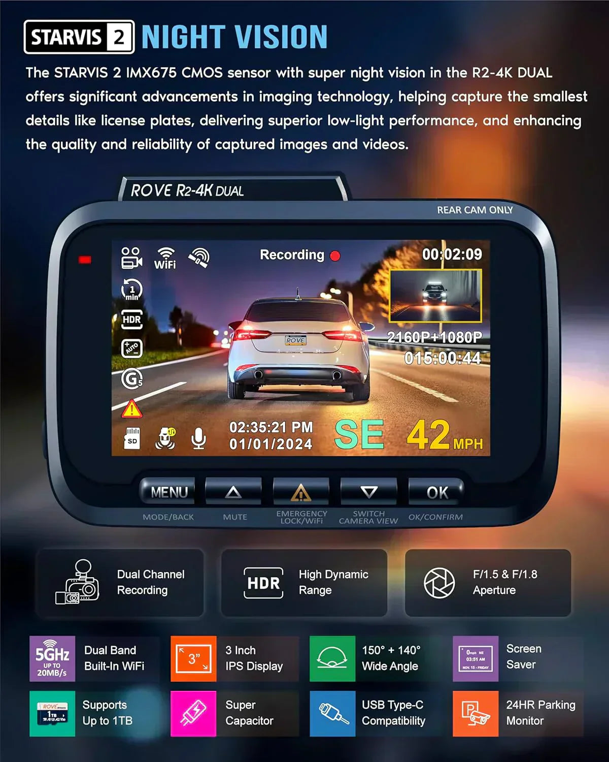 Driving recorder dual instrument cam front and rear Starvis 2 sensor free 128GB card 5G WiFi