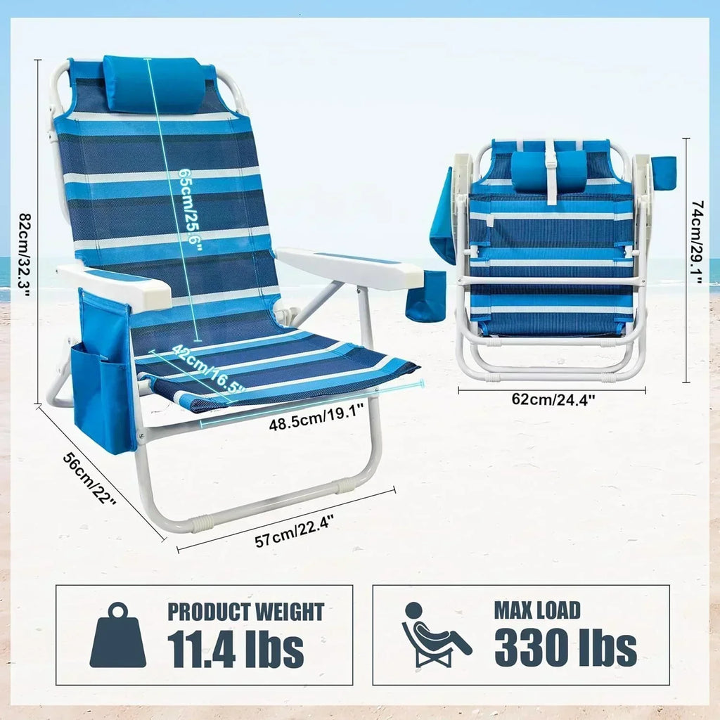 Beach Chair 2 Pack 5 Positions Textilene Folding Reclining Beach Chair with Straps Cooler Bag