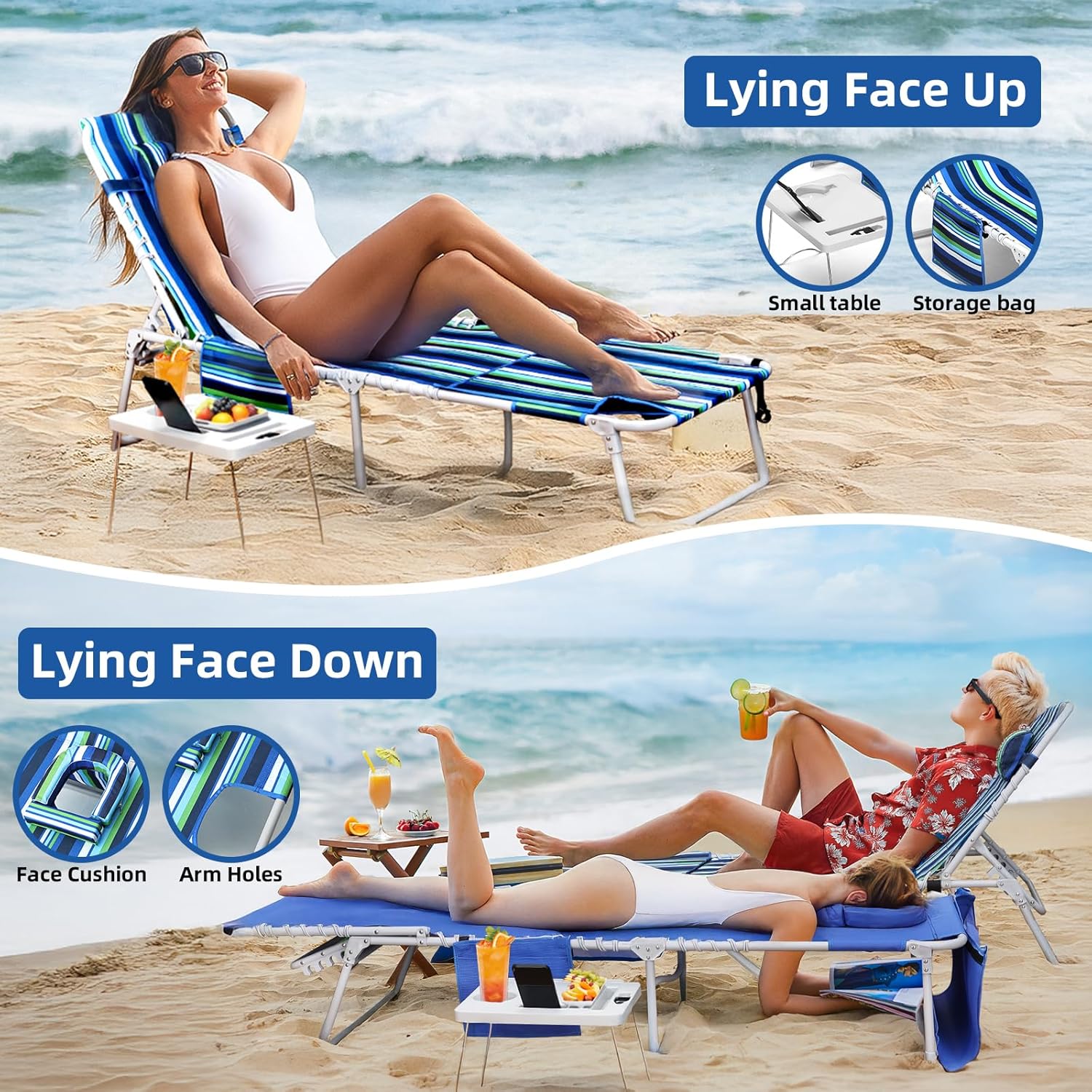 3-in-1 Beach Chair Face Holes Lounge Chair Outdoor with Folding Side Table 5-Position Recliner