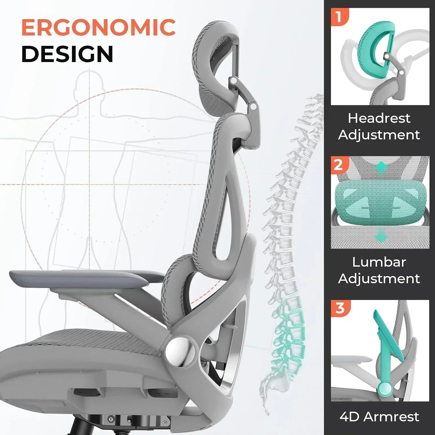 Ergonomic Mesh Office Chair with Adjustable Lumbar High Back Desk Chair 400 lbs