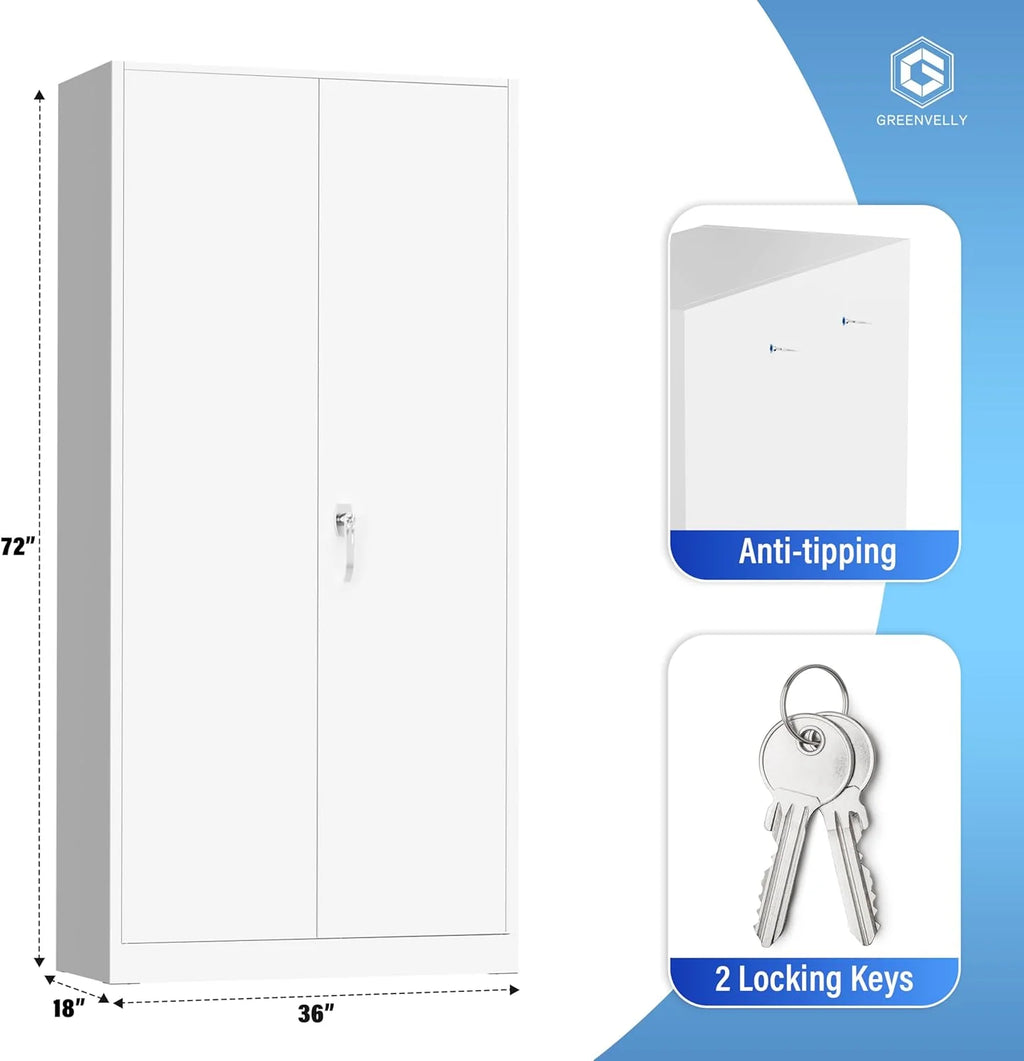 Greenvelly Metal Storage Cabinet, 72 Black Locking Metal Cabinet with 2 Doors and 4 Adjustable Shelves, Lockable Garage Storage Cabinets for Home Office, Garage, Kitchen, Living Room