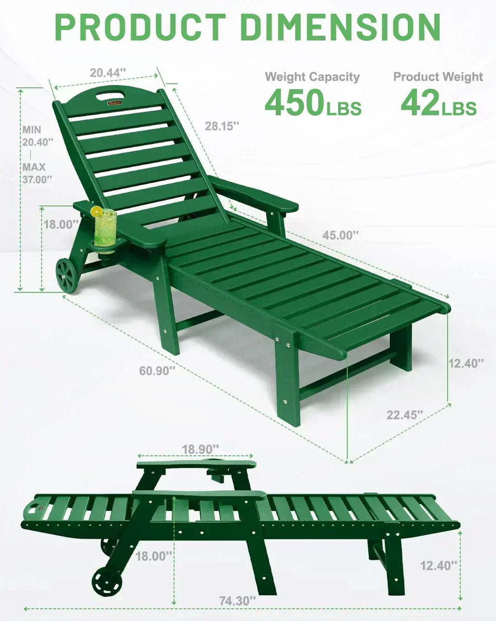 Lounge Chair Outdoor Chaise Lounge HDPE 6-Position Outdoor Chaise Lounge Patio Lounge Chair