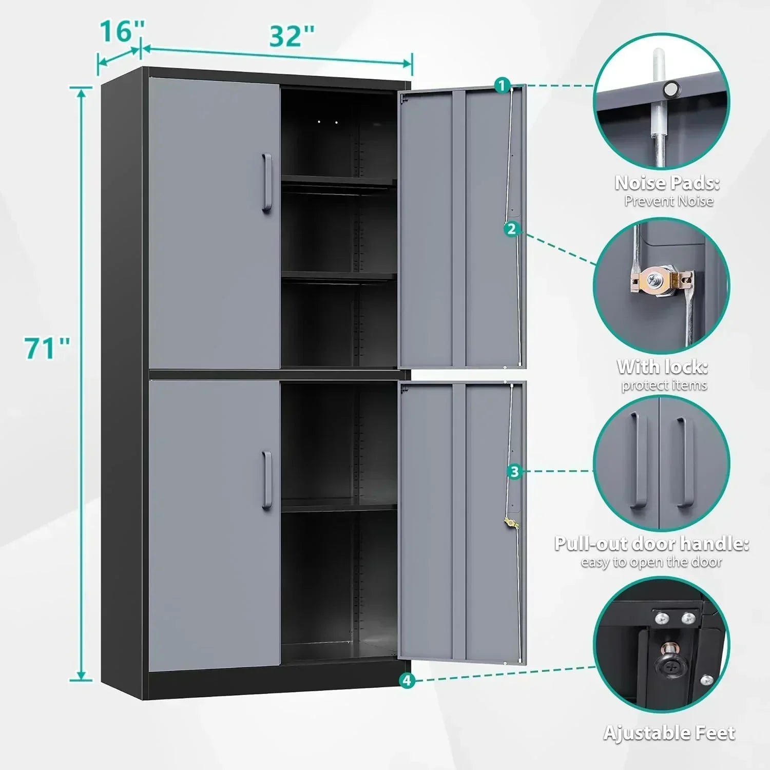Metal Storage Cabinet with 2 Doors and 6 Shelves Black Metal Cabinet Garage Storage Cabinet