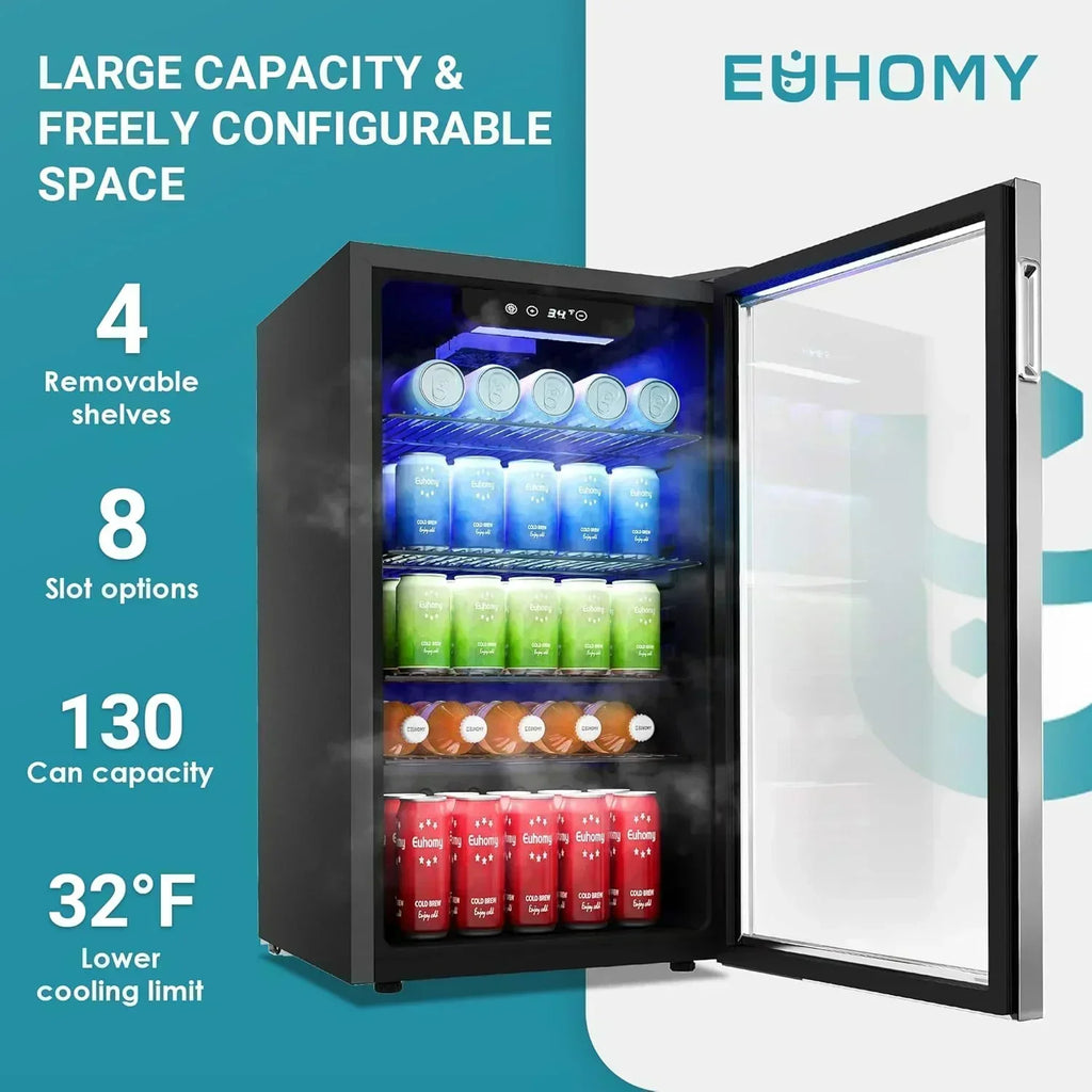 EUHOMY Beverage Refrigerator Cooler 130 Can Mini Fridge with Glass Door Beverage Cooler