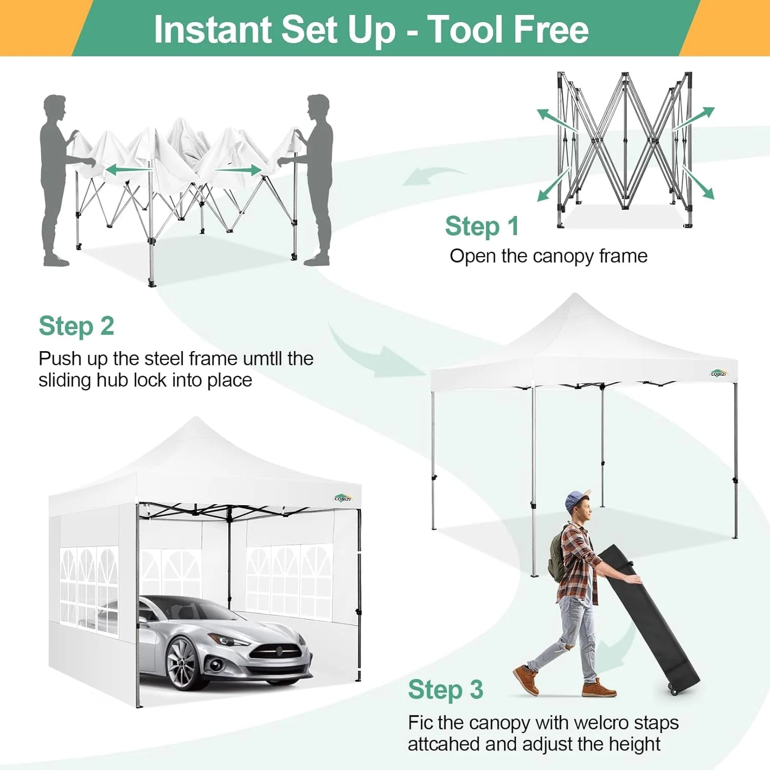 COBIZI 10x20 Heavy Duty Pop up Canopy Tent with 6 sidewalls Easy Up Commercial Outdoor Canopy Wedding Party Tents for Parties All Season Wind & Waterproof Gazebo with Roller Bag,Black(Frame Thickened)