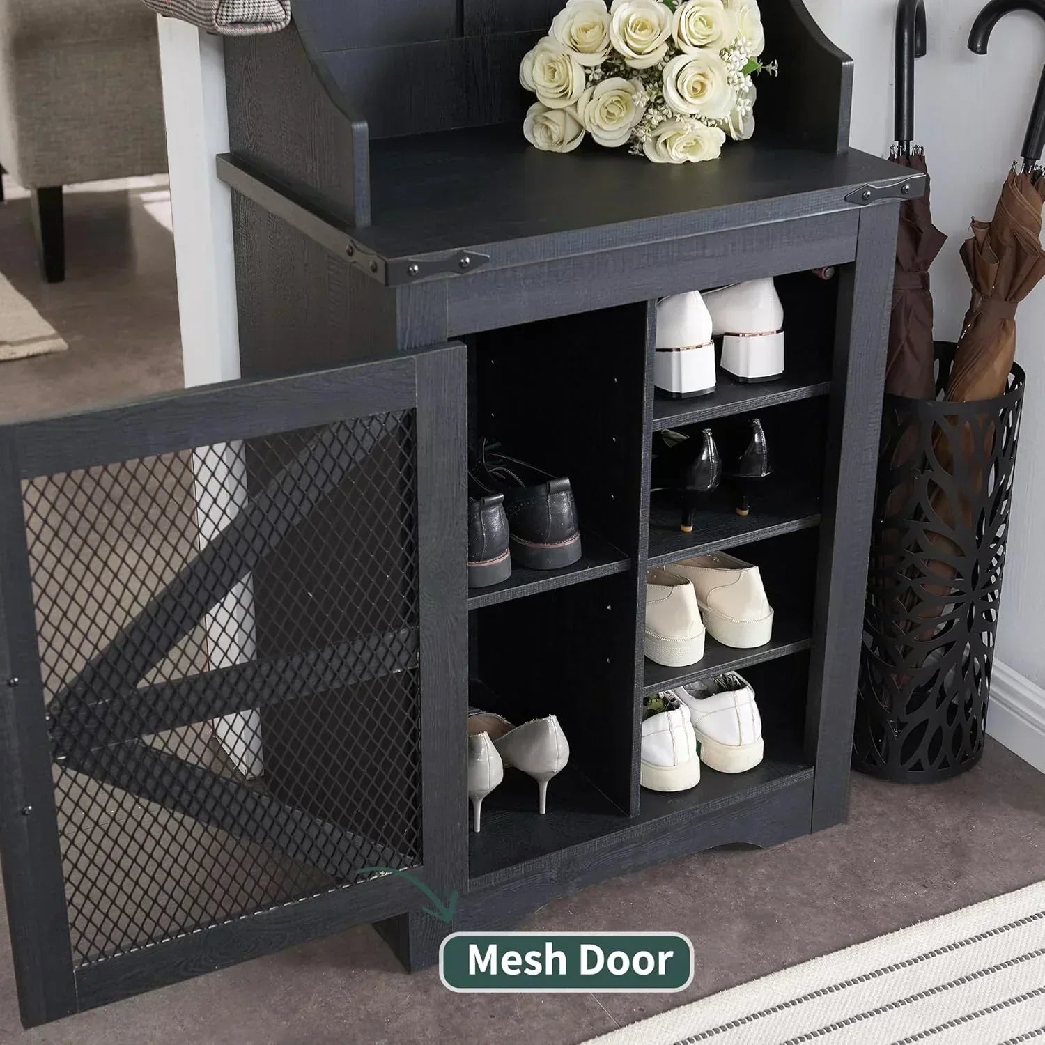 JXQTLINGMU 59-inch Farmhouse Foyer Tree Shoe Storage Entryway Bench Foyer Coat Rack Cabinet
