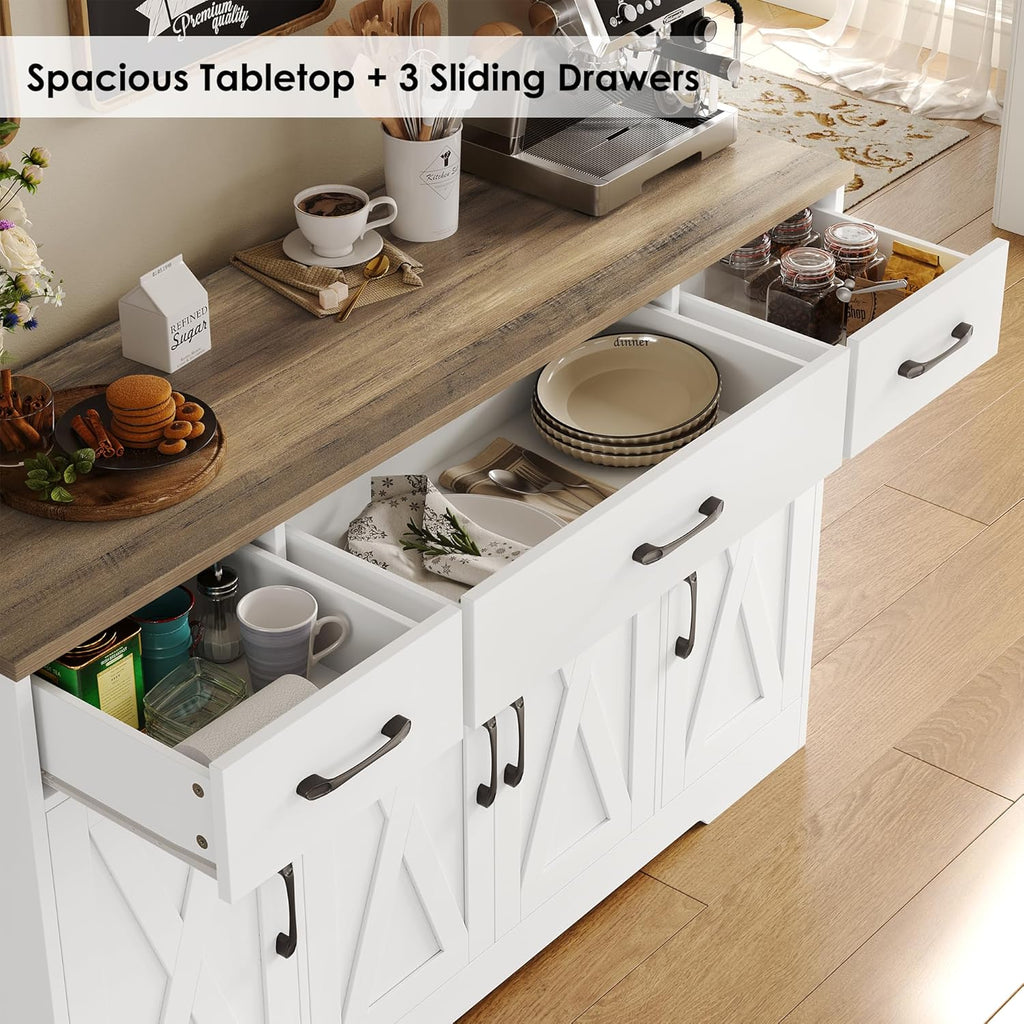 HOSTACK Buffet Cabinet with Drawers, 55 Large Sideboard Buffet Storage Cabinet with Shelves and Doors, Modern Farmhouse Coffee Bar Station Wood Kitchen Table for Kitchen, Dining Room, White/Rustic