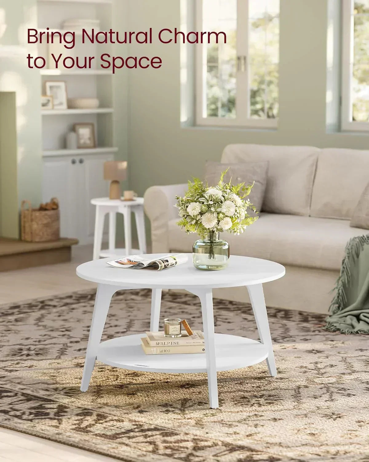 VASAGLE Round Coffee Table 2 Tier Coffee Table with Storage for Living Room 31.5 x 17.7 Inches