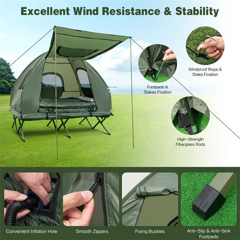 5-in-1 Tent Cot 2-Person Portable Outdoor Camping Tent Combo with Air Mattress Sleeping Bag