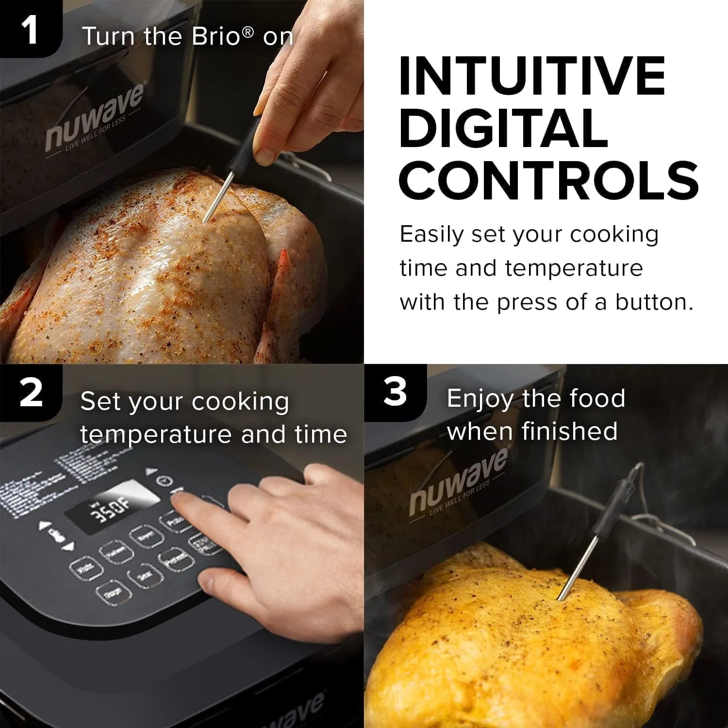 Nuwave Brio 15.5Qt Air Fryer/Oven quickly reheats, bakes, and dehydrates food with a temperature control range of 50��-425��F 1800W.