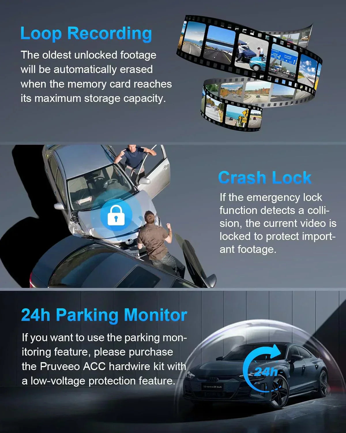 PRUVEEO 360-degree view car dash cam built-in GPS WiFi recording parking mode monitor