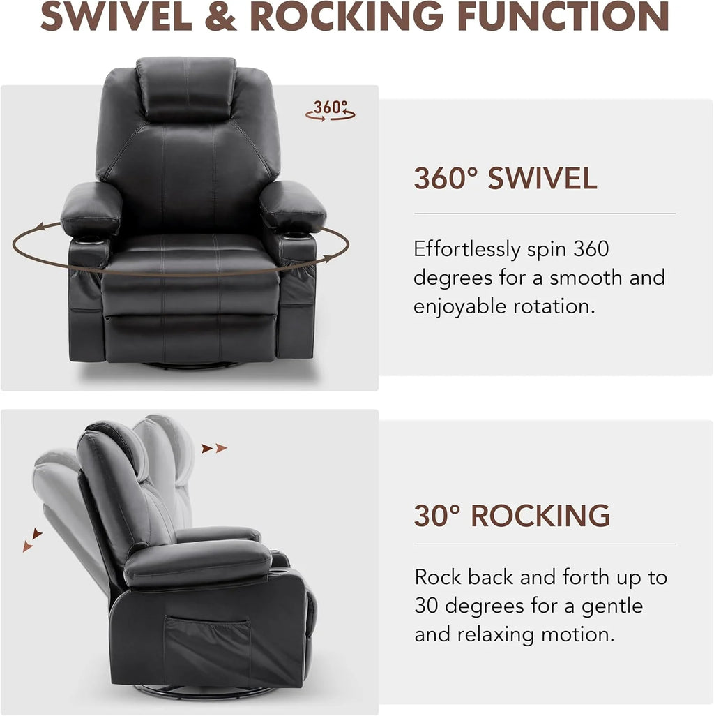 Large Swivel Rocking Recliner with Heating and Massage Function, 360 Degree Swivel Rocking Single Sofa