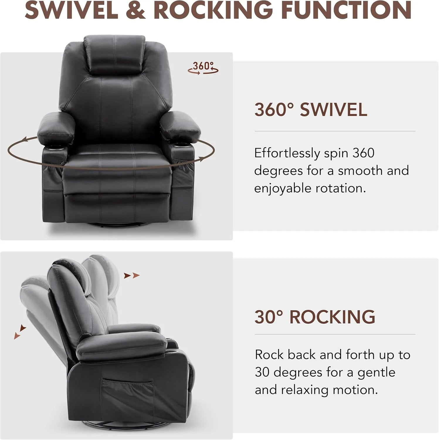 Large Swivel Rocking Recliner with Heating and Massage Function, 360 Degree Swivel Rocking Single Sofa