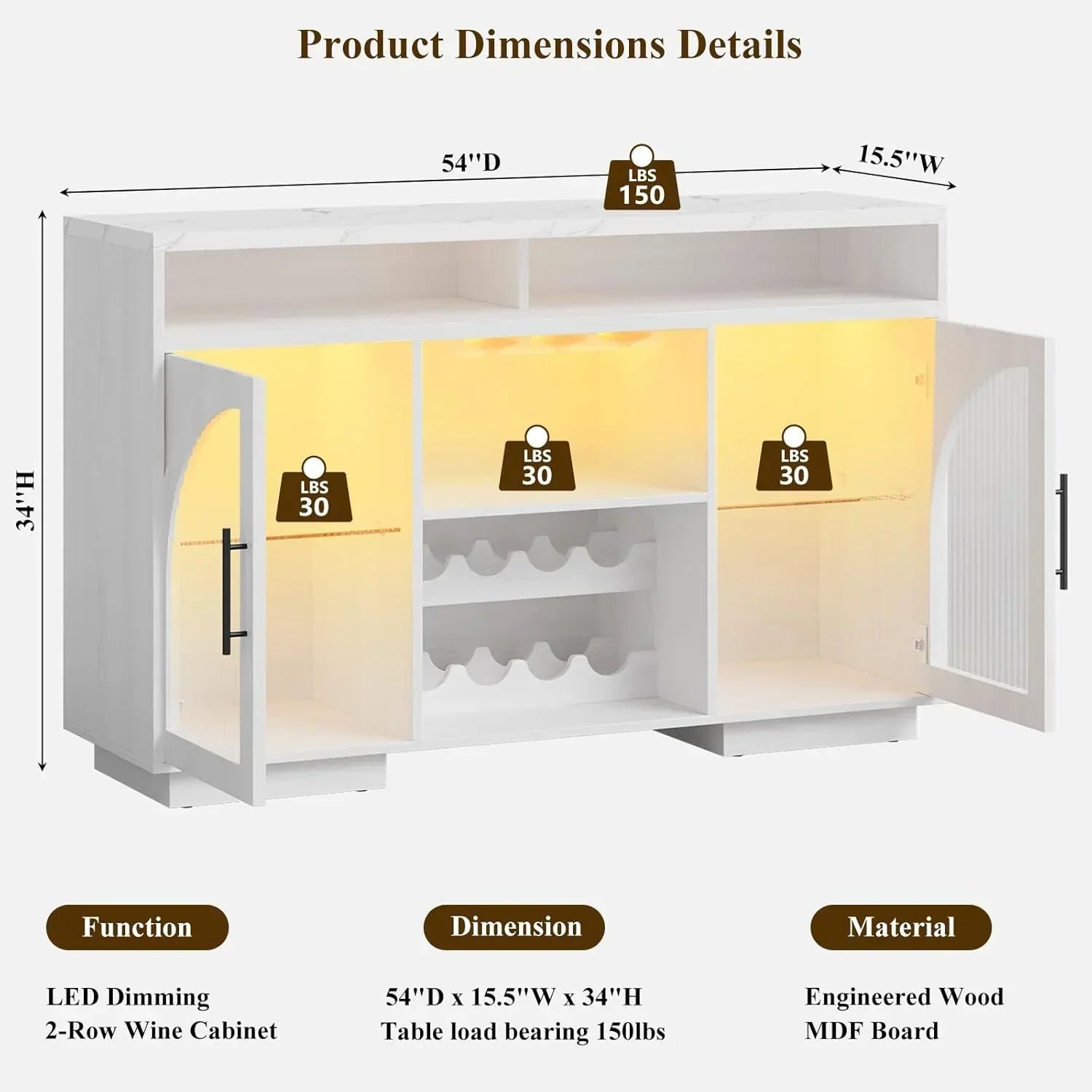 Sideboard 54-inch kitchen cabinet with LED lights and arched glass doors tall bar cabinet