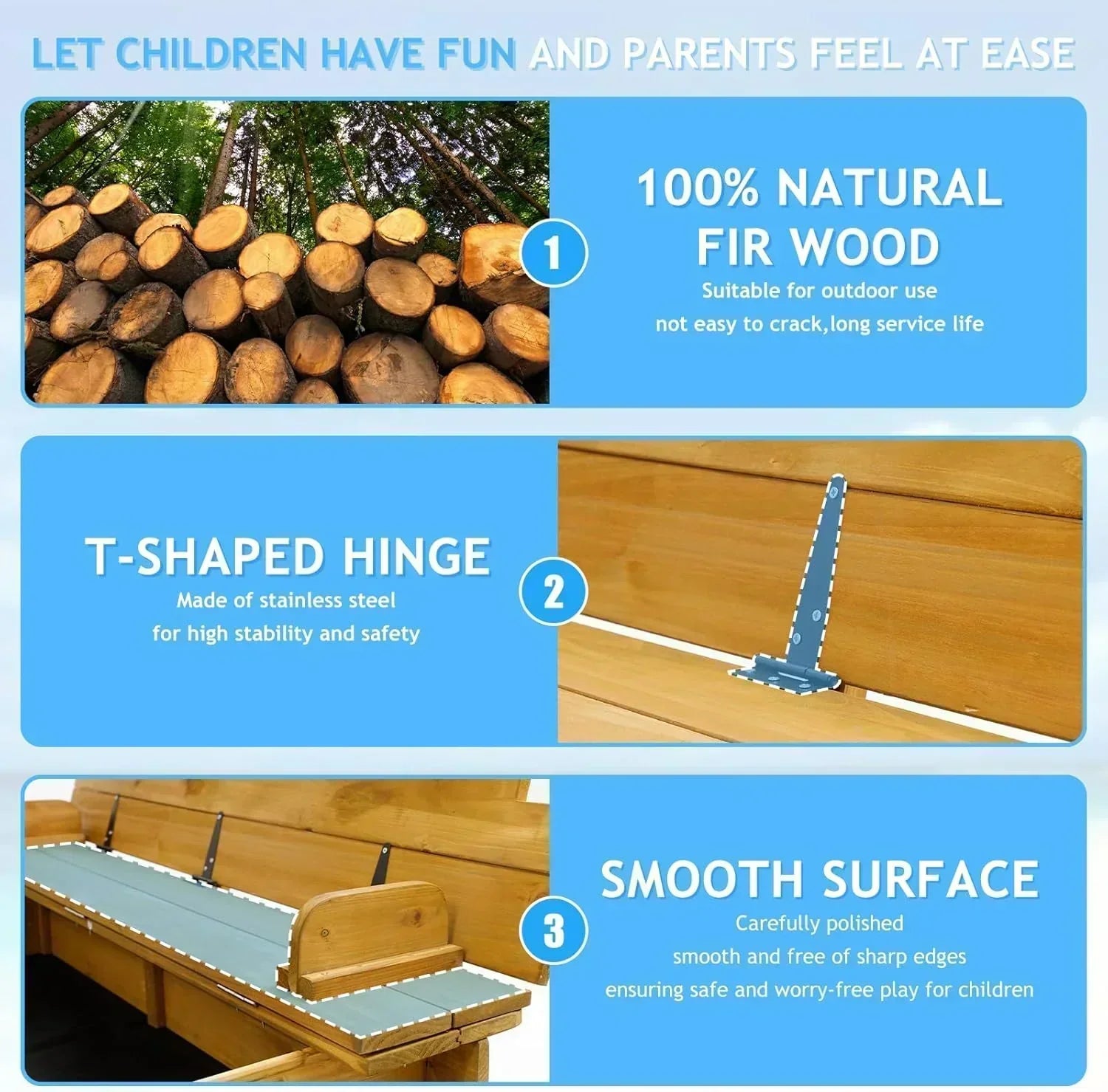 Kids Sandbox with Lid Wooden Sand Box Cover Outdoor UV-Protection Natural Wood Foldable Bench Seat