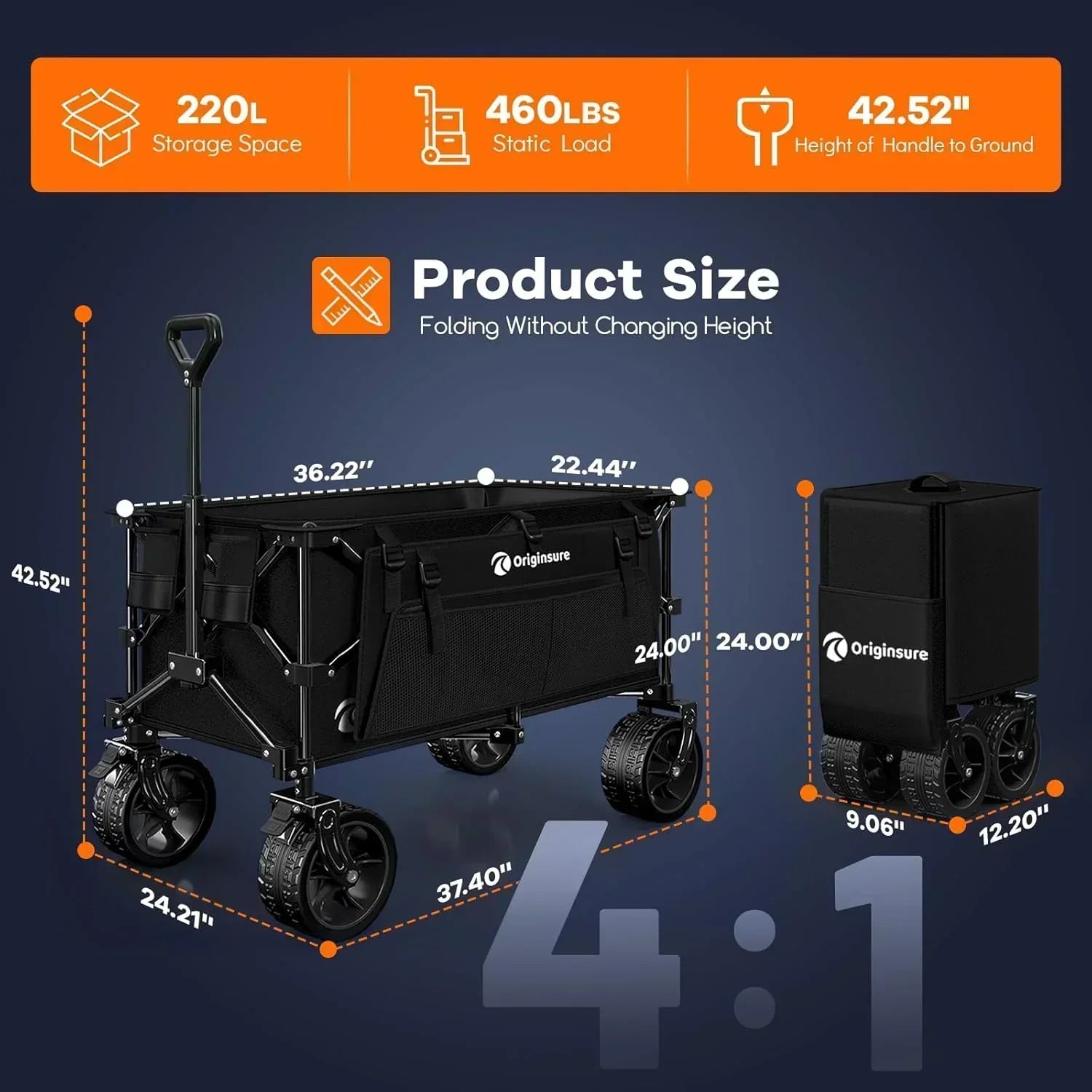 38 long foldable four-wheel stroller 460 lb capacity 220 liter folding beach stroller