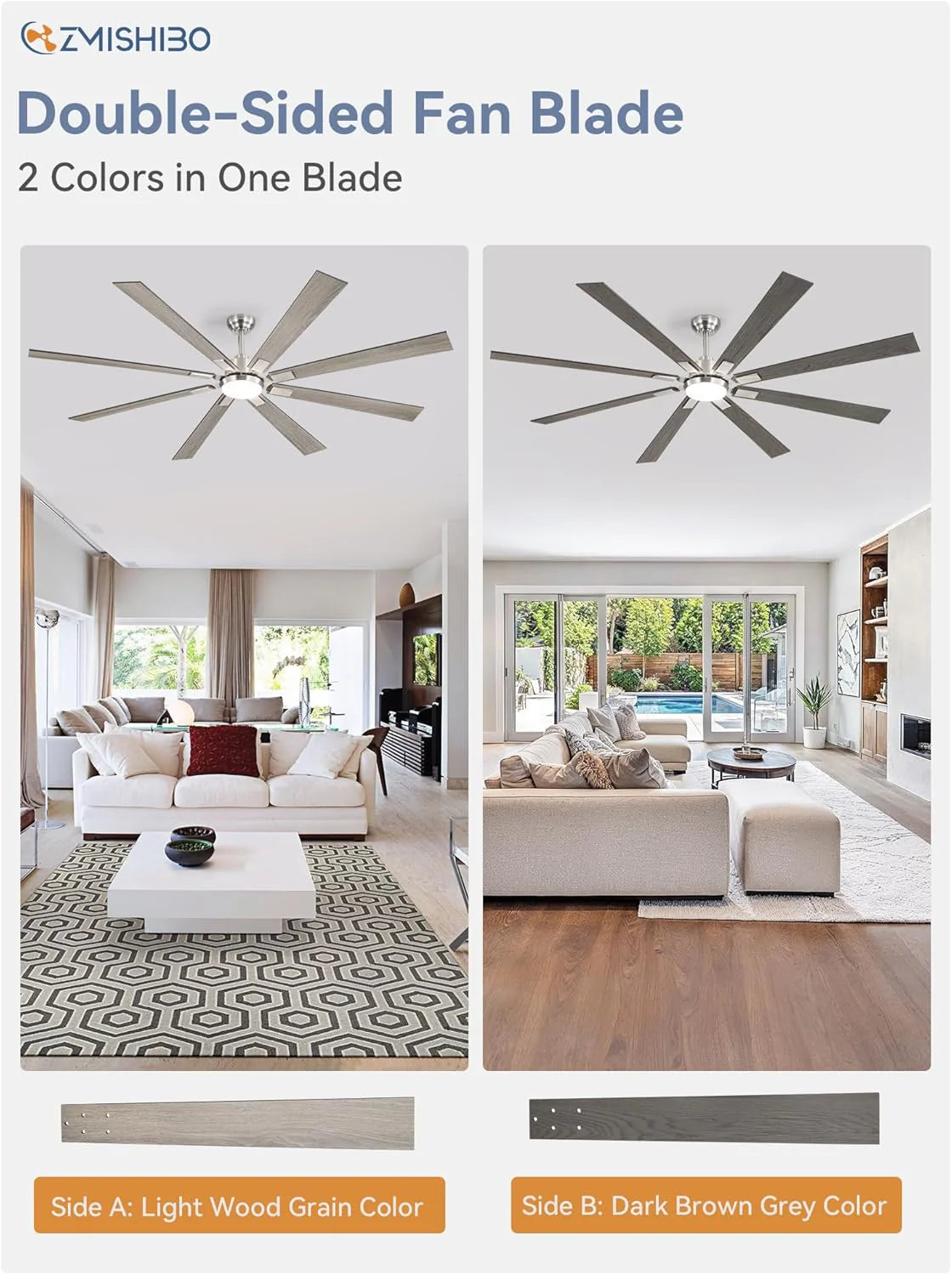 ZMISHIBO 72 inch Large Ceiling Fans with Lights and Remote, Indoor/Outdoor Black Modern Ceiling Fan for Kitchen Living Room Patio, 6 Speed Reversible Quiet DC Motor, 3 CCT, Dual Finish 8 Blades