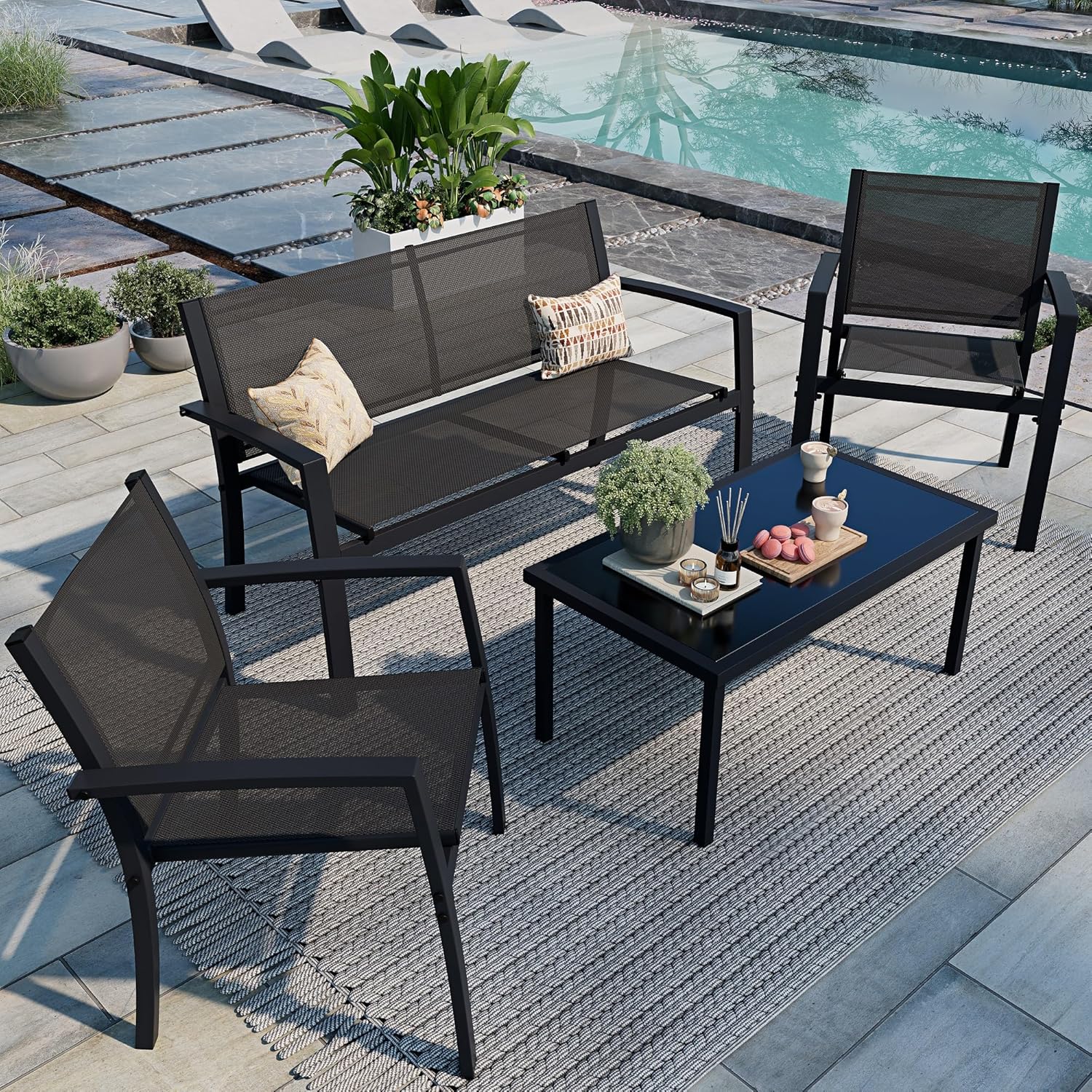 Shintenchi 4 Pieces Patio Furniture Set All Weather Textile Fabric Outdoor Conversation Set, with Glass Coffee Table, Loveseat, 2 Single Chairs for Home, Garden, Lawn