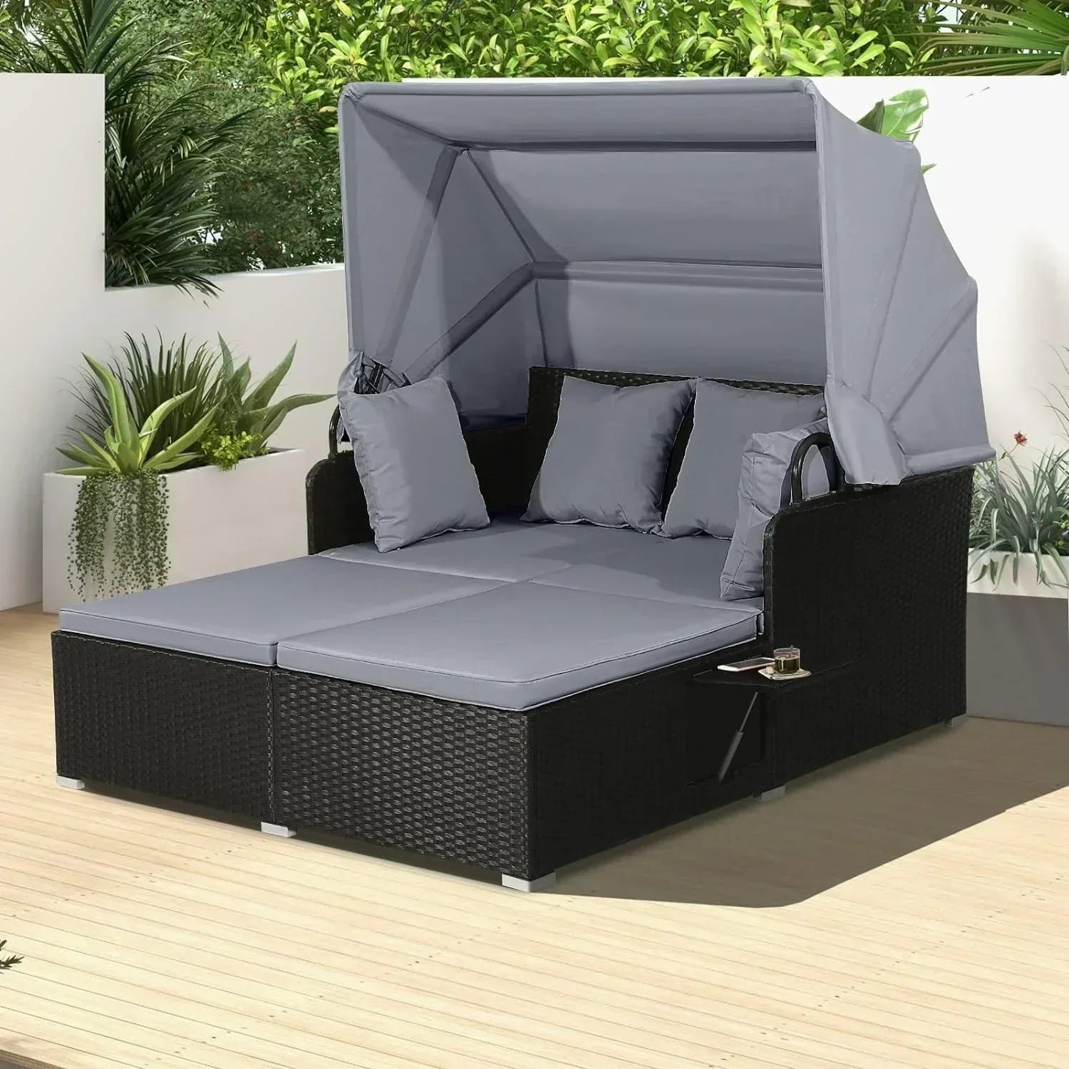 RELAX4LIFE Patio Outdoor Daybed with Canopy Wicker Sunbed Cushions 4 Pillows