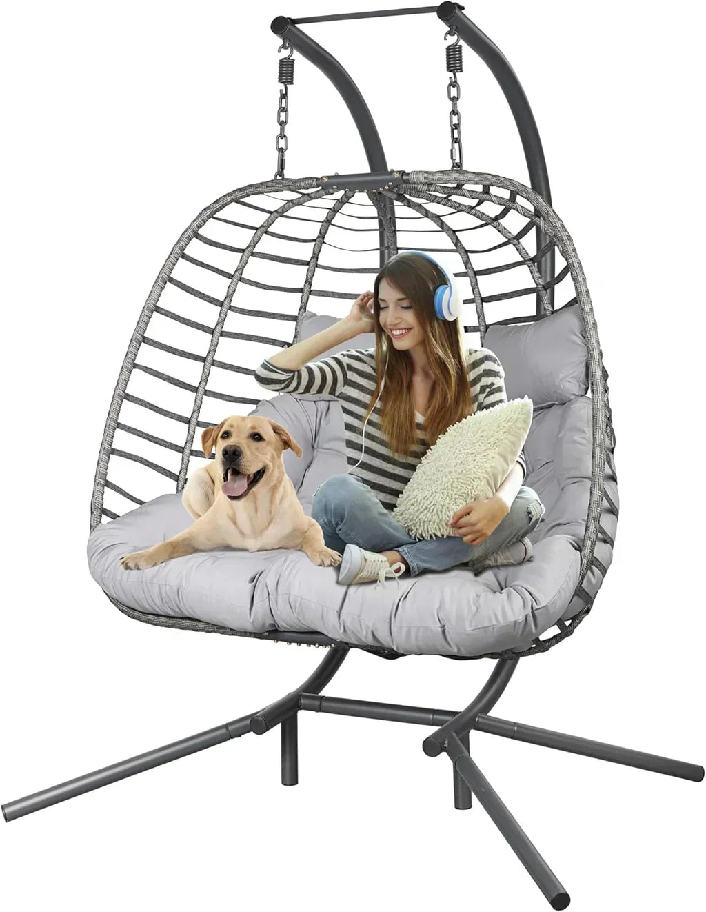 HWB Hanging Egg Chair with Stand Patio Wicker Hammock Egg Swing Chair Cushion for Bedroom