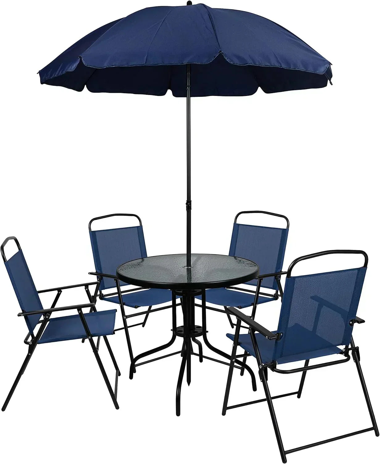 EMMA + OLIVER 6 Piece Brown Patio Garden Set with Umbrella Table Set of 4 Folding Chairs