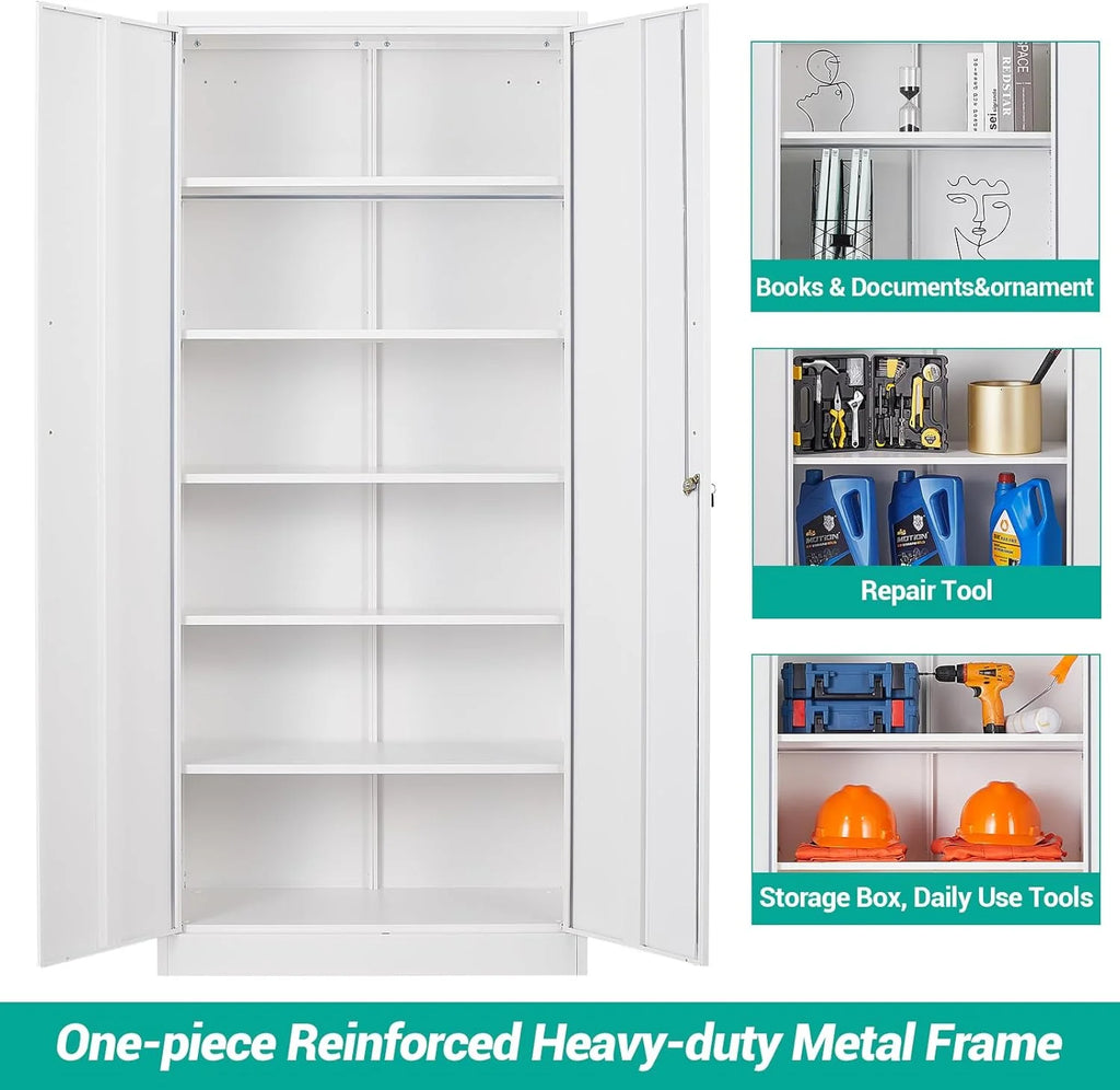 Metal Storage Cabinet with 2 Doors and 6 Shelves, Black Metal Cabinet with Lock, 71 Inch Lockable Garage Storage Cabinet