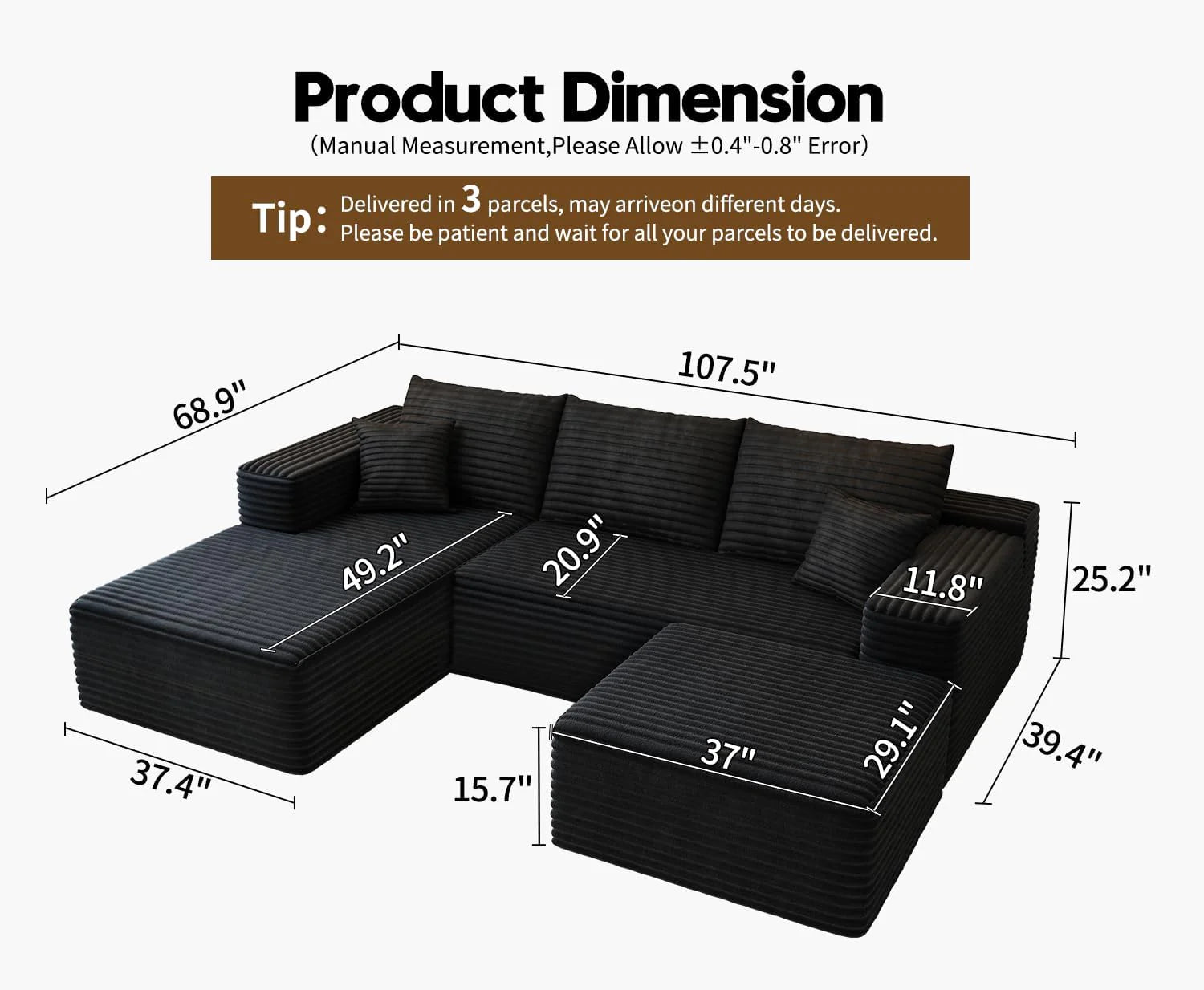 107.5 Cloud Modular Sectional Sofa Couch with L-Shape Chaise,Modern Minimalist Upholstered Couches