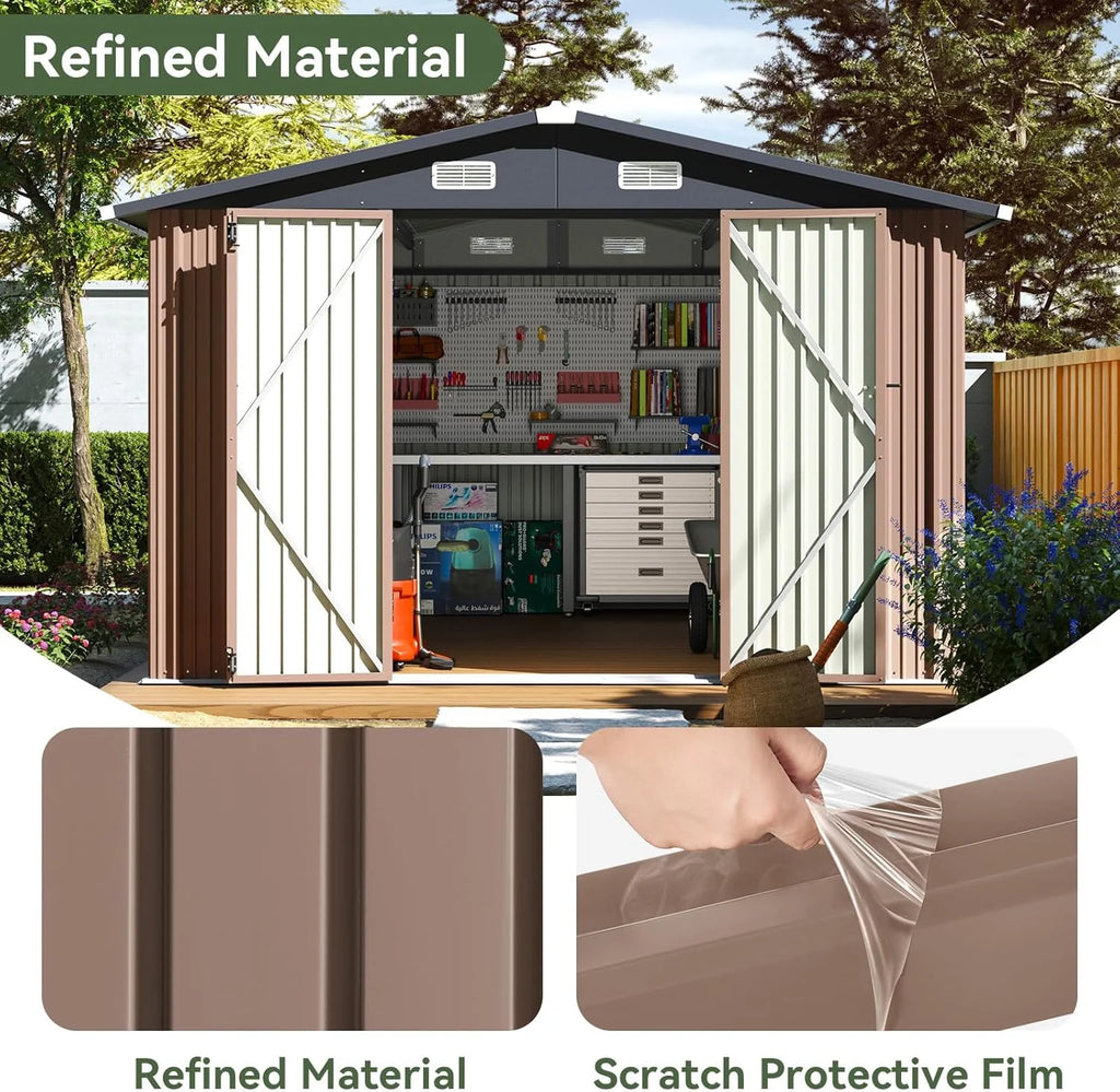Aoxun 12x10 FT Shed Metal Outdoor Waterproof Storage Shed Steel Utility Garden Tool Shed with Door & Lock Outdoor Storage for Garden Patio Lawn Poolside, Brown