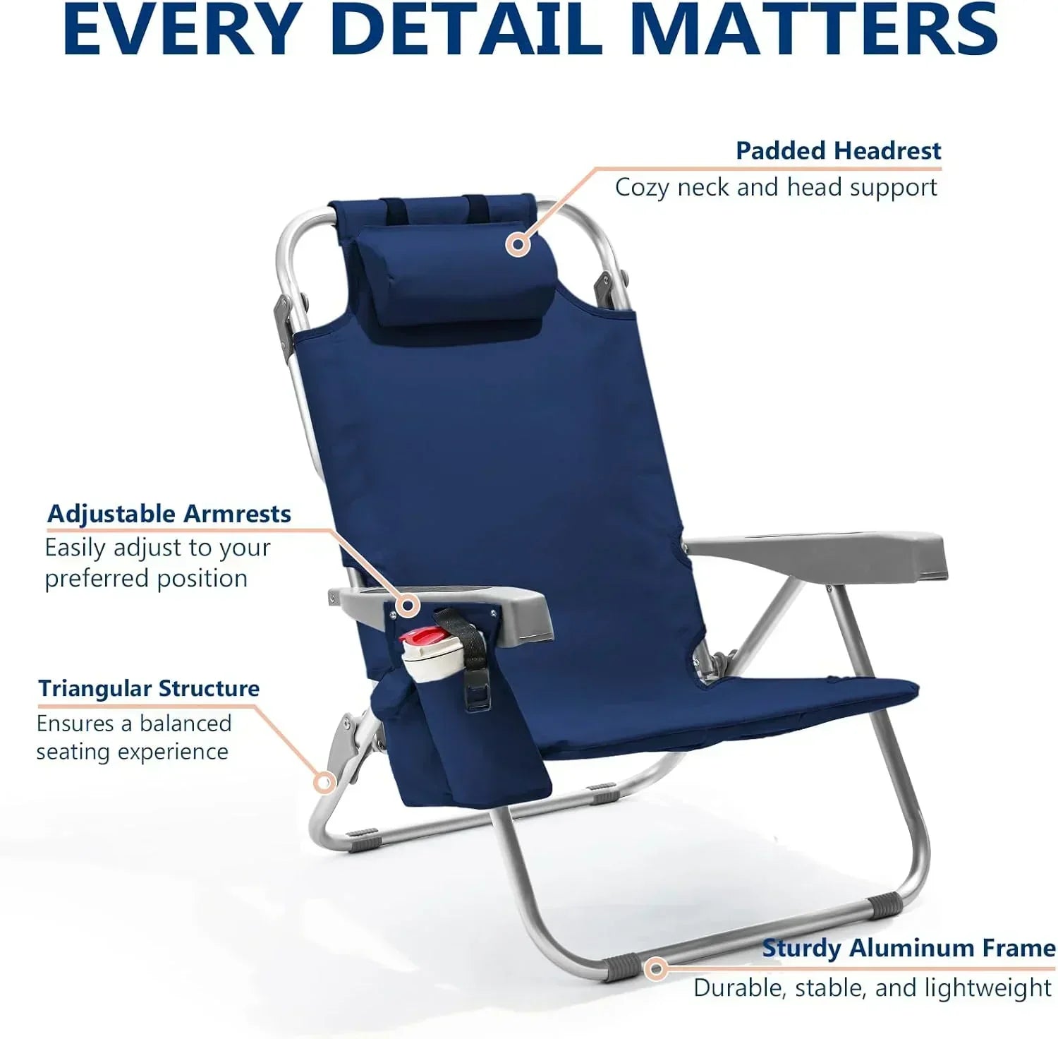 5-Position Aluminum Lay Flat Tall Backpack Beach Chairs 2 Pack Compact Portable Beach Chairs