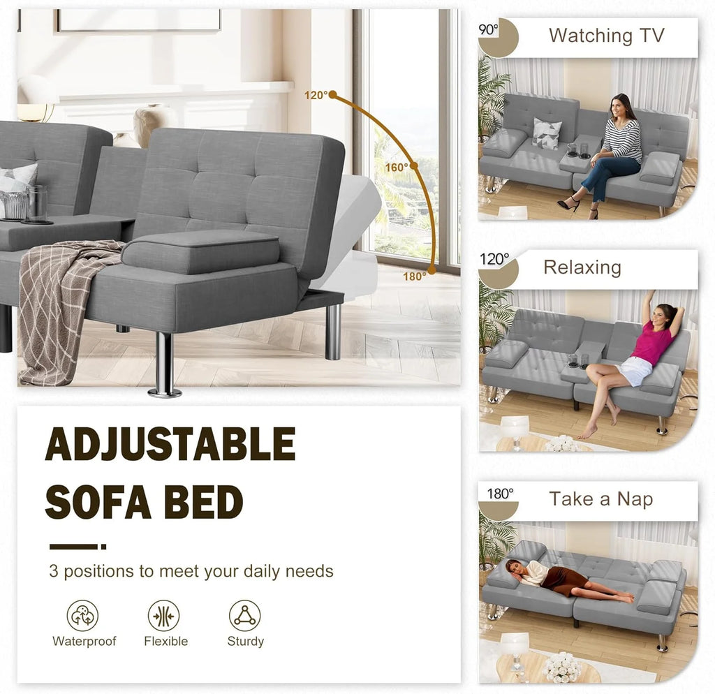 Shahoo Modern Linen Upholstered Convertible Folding Futon Sofa Bed with Removable Armrests