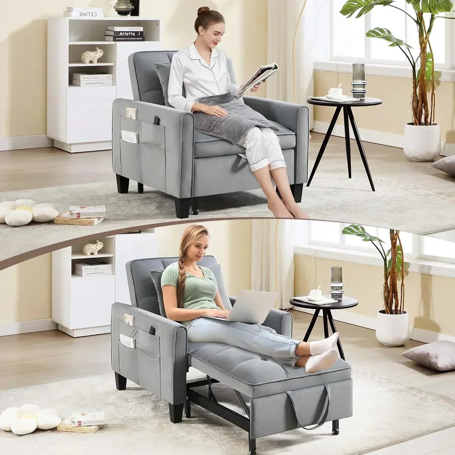 Convertible Sleeper Chair 3 in 1 Sleeper Chair Bed Pull Out Sofa Bed Chairs Velvet Single Sofa