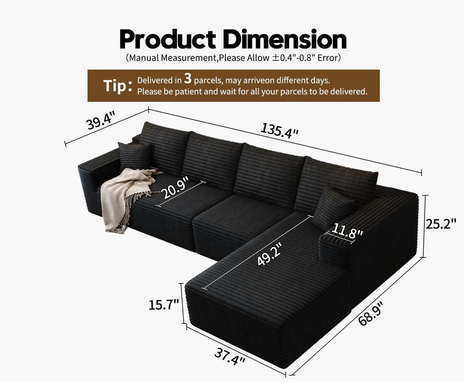 107.5 Cloud Modular Sectional Sofa Couch with L-Shape Chaise,Modern Minimalist Upholstered Couches