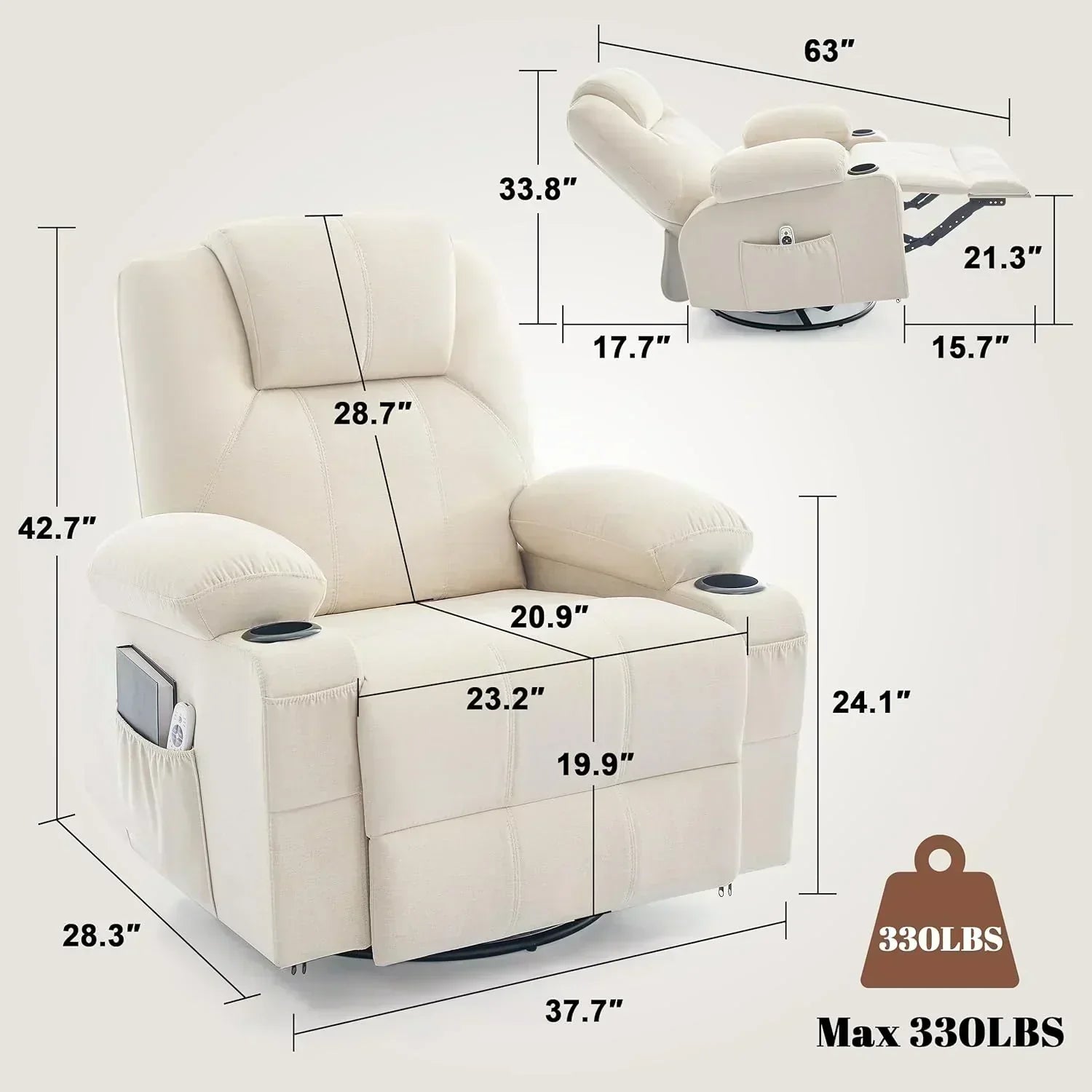 Large Swivel Rocking Recliner with Massage Function 360 Degree Swivel Rocking Single Sofa