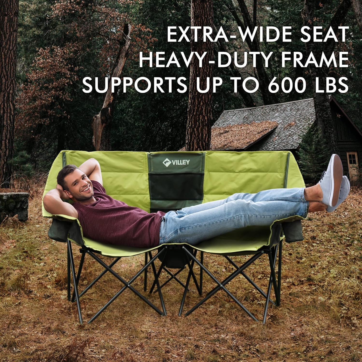 Double camping chair extra wide love seat heavy duty padded camping sofa portable folding chair