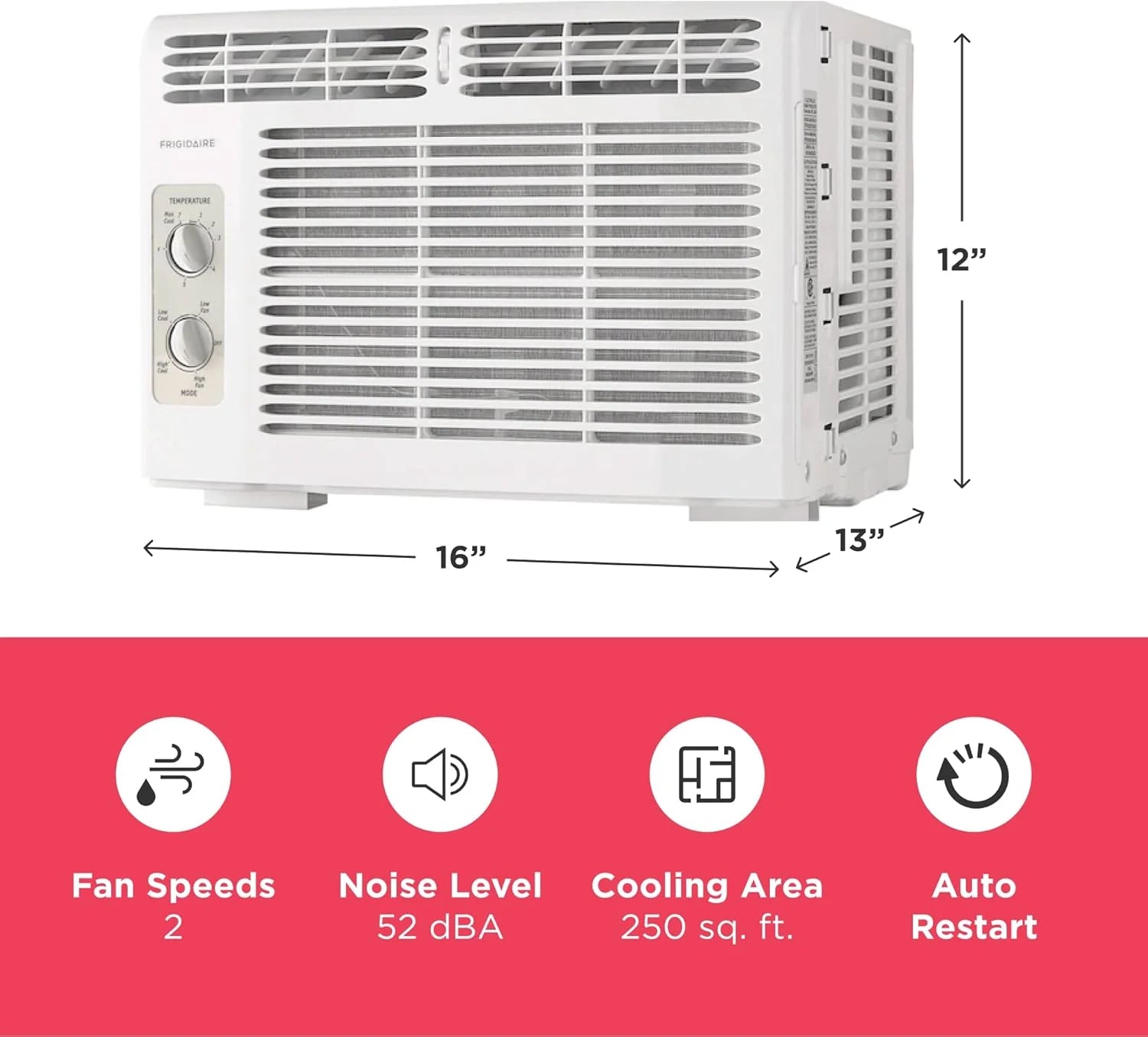 Frigidaire 5,000 BTU Window Air Conditioner with Remote Control, Cools Up to 150 Sq. Ft., Quiet Operation, Eco Mode, 3 Fan Speeds, Auto Restart, White